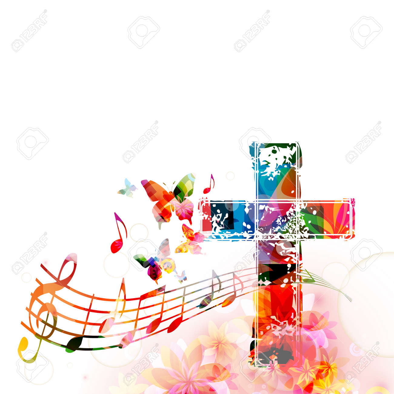 Colorful christian cross with music staff and notes isolated vector illustration. Religion themed background. Design for gospel church music, concert, choir singing, Christianity, prayer - 70027508 Colorful christian cross with music staff and notes isolated vector illustration. Religion themed background. Design for gospel church music, concert, choir singing, Christianity, prayer - 70027508