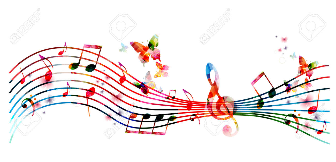 Coloré Douelle Avec Des Notes De Musique Et De Papillons Isolés Illustration Vectorielle. Fond De Musique Pour L'affiche, Brochure, Bannière, Flyer, Concert, Festival De Musique Clip Art Libres De Droits , Svg ,