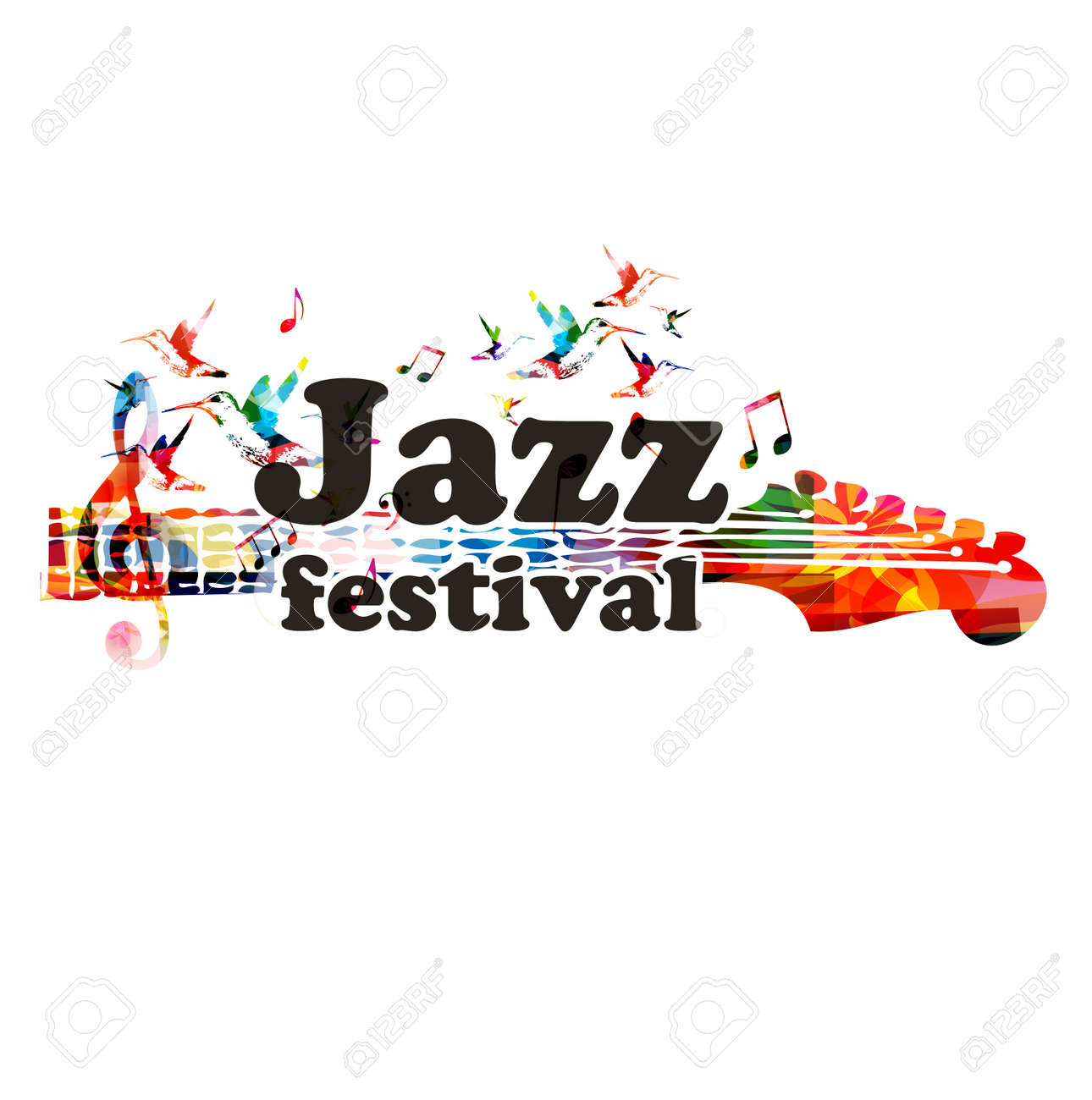 jazz music festival colorful banner with guitar fingerboard music notes in words