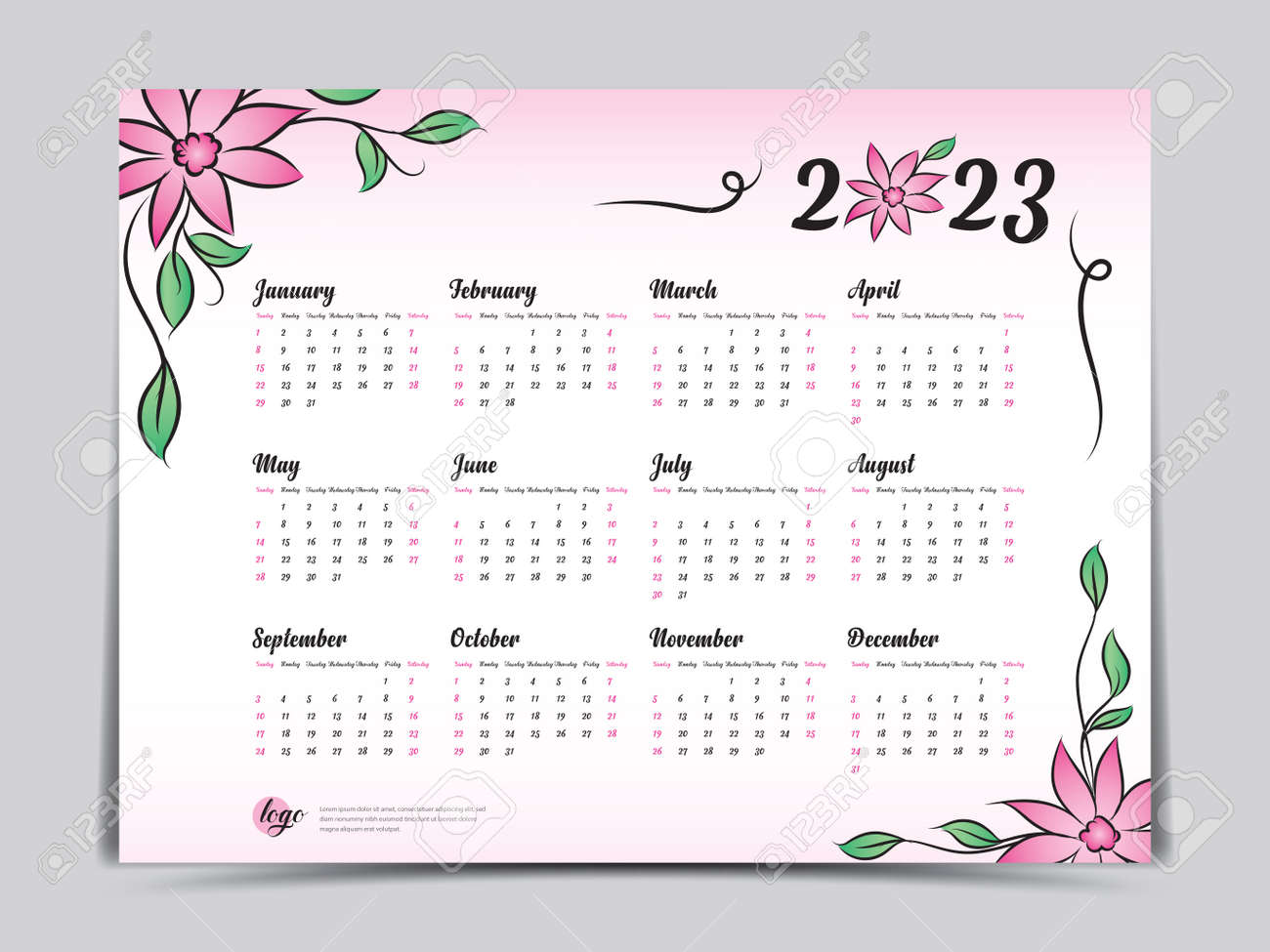 2023 Floral Calendar Calendar 2023 Vector Template, Simple Minimal Design, Yearly Calendar  Organizer For Weeks, Week Starts On Monday, Set Of 12 Calendar, Pink Flower  Background Concept. Royalty Free Svg, Cliparts, Vectors, And Stock  Illustration. Image 148959753.