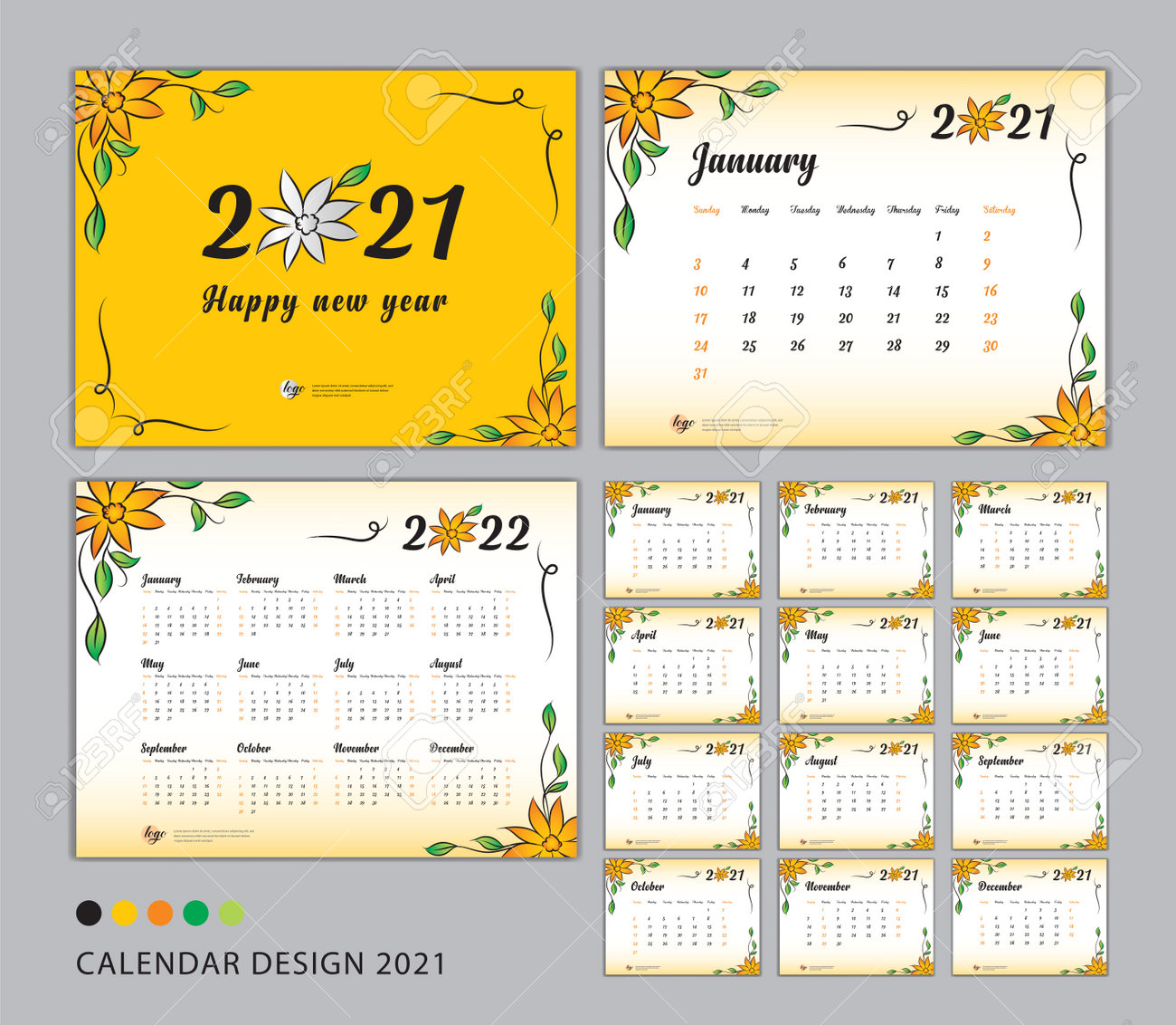 Desk Calendar 21 Template Set Flower Concept Calendar 21 22 Happy New Year 21 Year Wall Calendar 21 Planner Week Start On Sunday Stationery Printing Advertisement Yellow Cover Royalty Free Cliparts Vectors And Stock Illustration