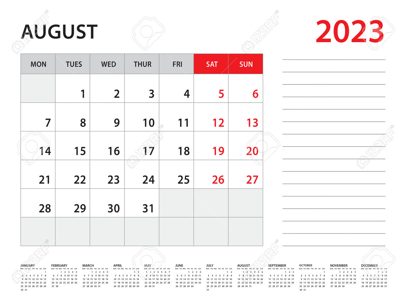 August 2023 Year - Calendar 2023 Template Vector, Week Start On Monday,  Desk Calendar 2023 Year, Wall Calendar Design, Corporate Planner Template,  Stationery, Organizer Diary, Vector Royalty Free SVG, Cliparts, Vectors,  And Stock Illustration. Image ...