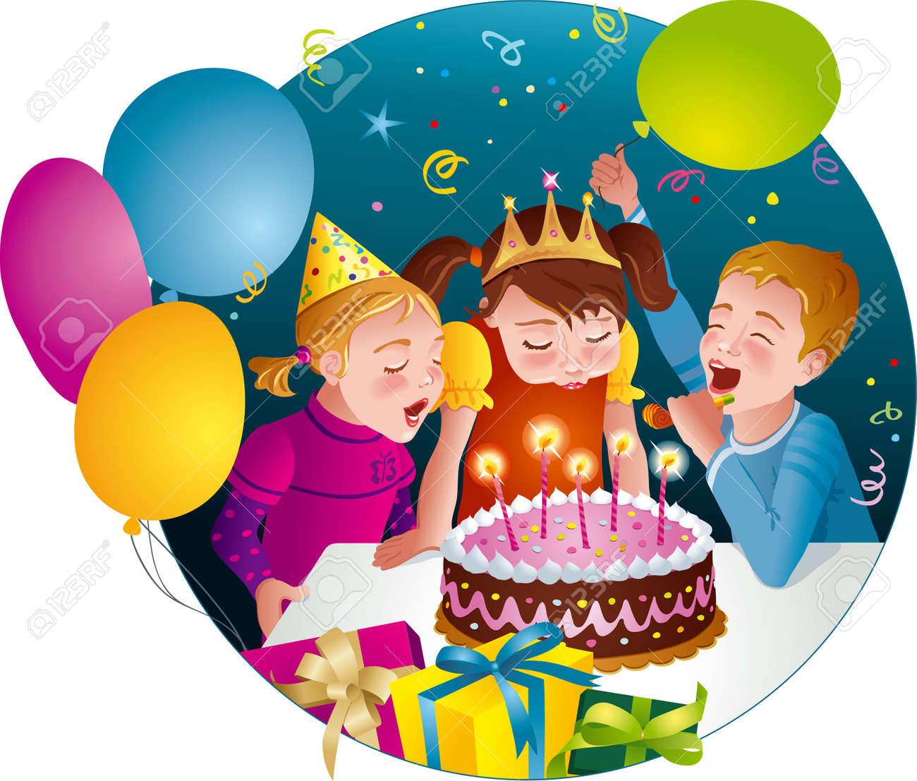 子の誕生日パーティーを楽しんで 子供ケーキ風船にろうそくを吹き ホイッスル ベクトル図を提示のイラスト素材 ベクタ Image