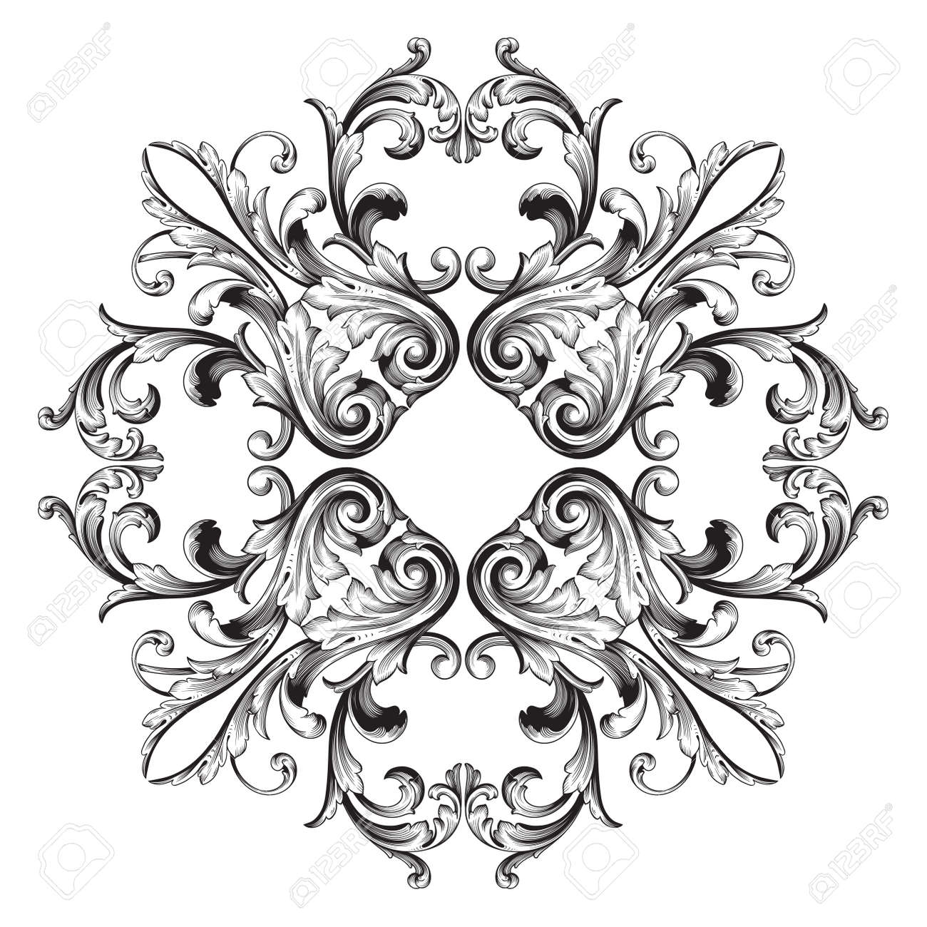 vector vintage baroque frame scroll ornament engraving border floral retro pattern antique style acanthus foliage swirl decorative design element filigree