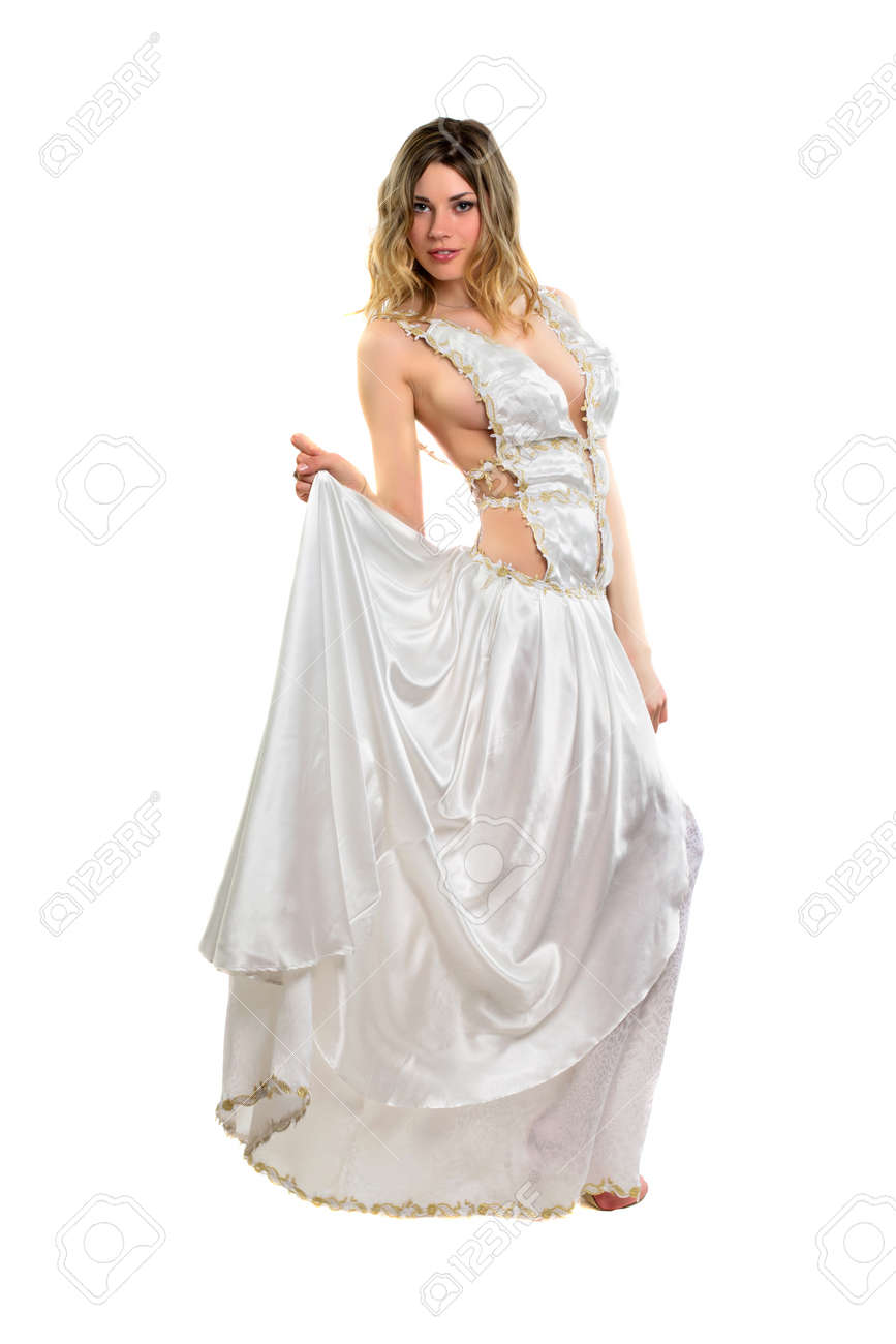フランクの白ドレスを着てセクシーな若いブロンド女性 分離されました の写真素材 画像素材 Image