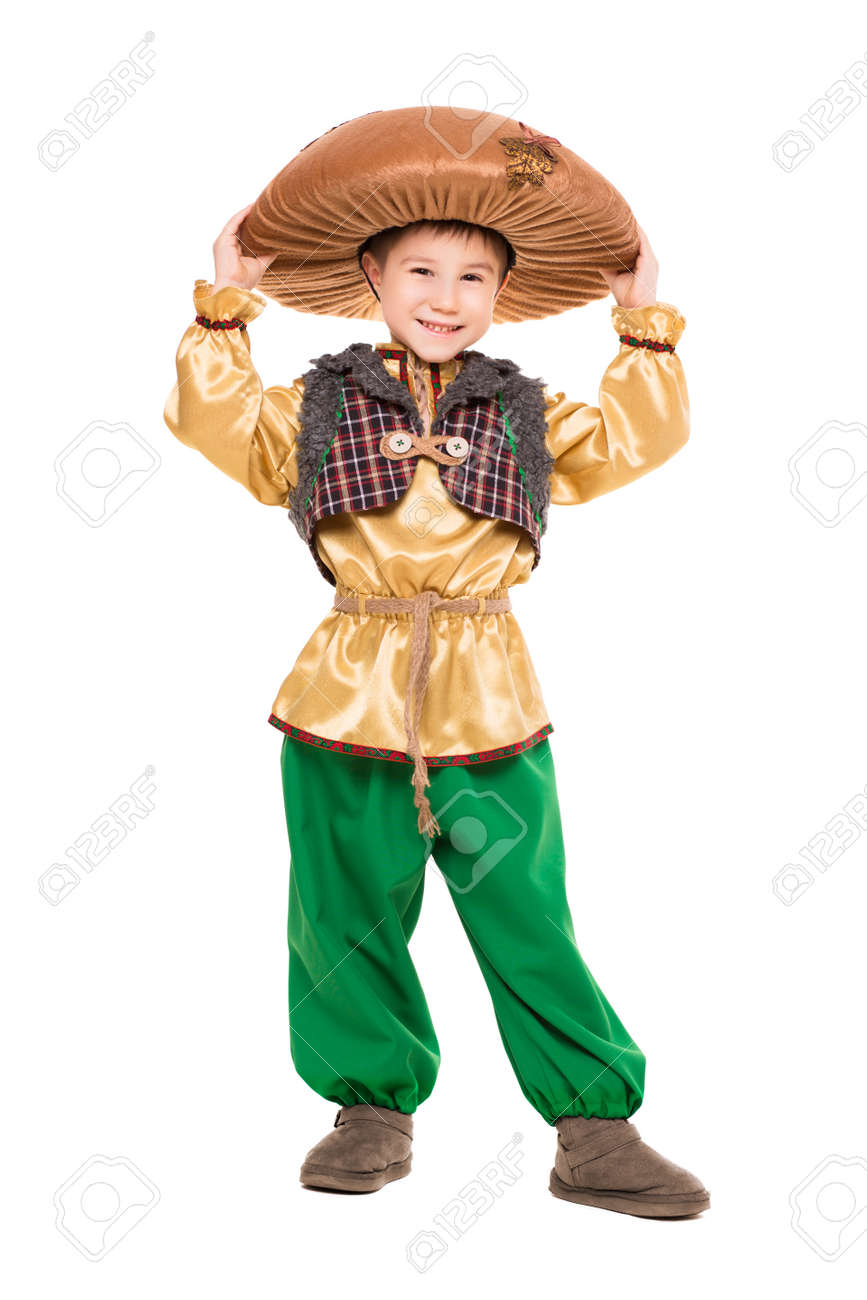 little smiling boy posing in a mushroom costume isolated on white stock photo 60166853