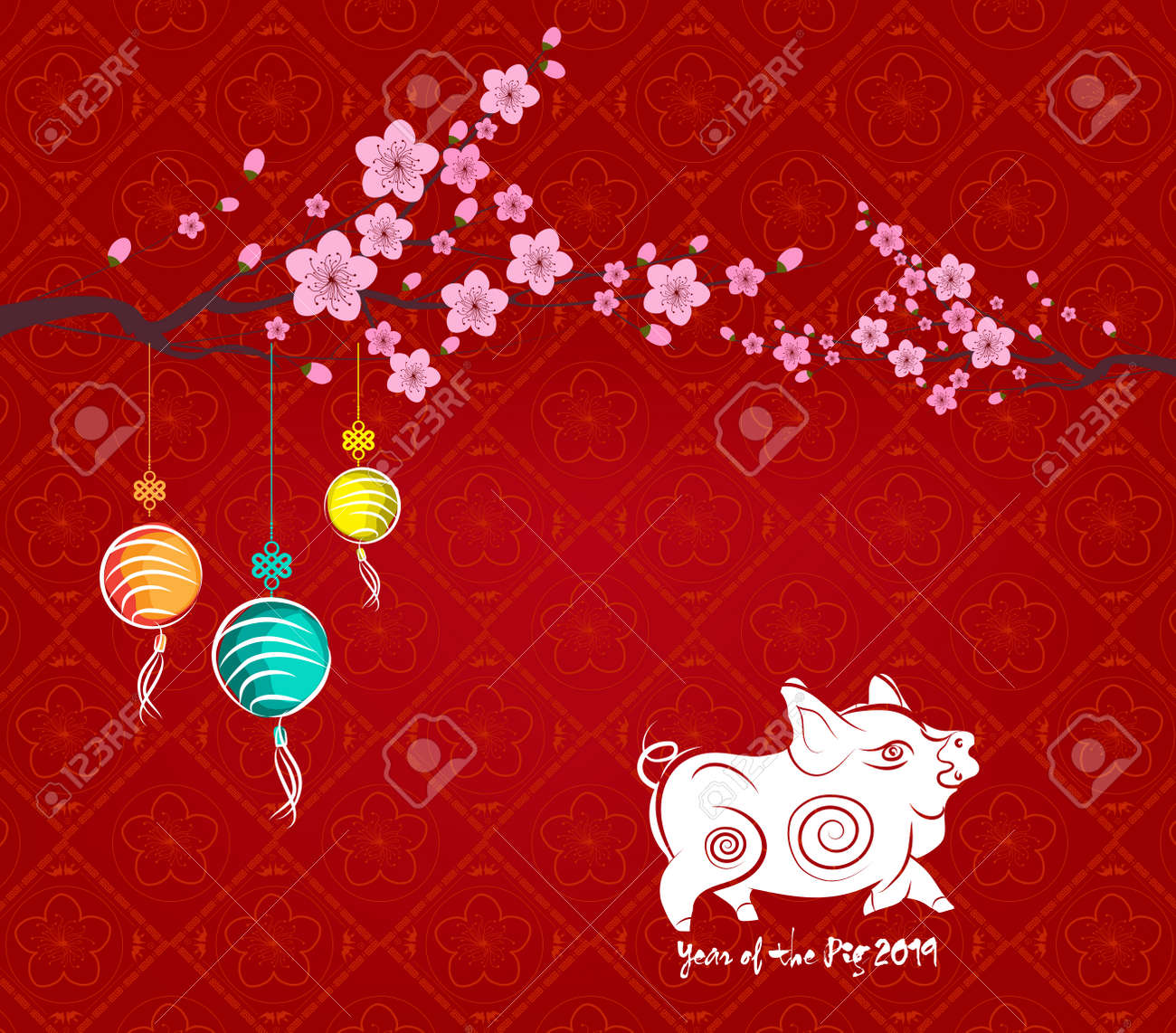 Chinese New Year 2019 Background With Lantern And Plum Blossom