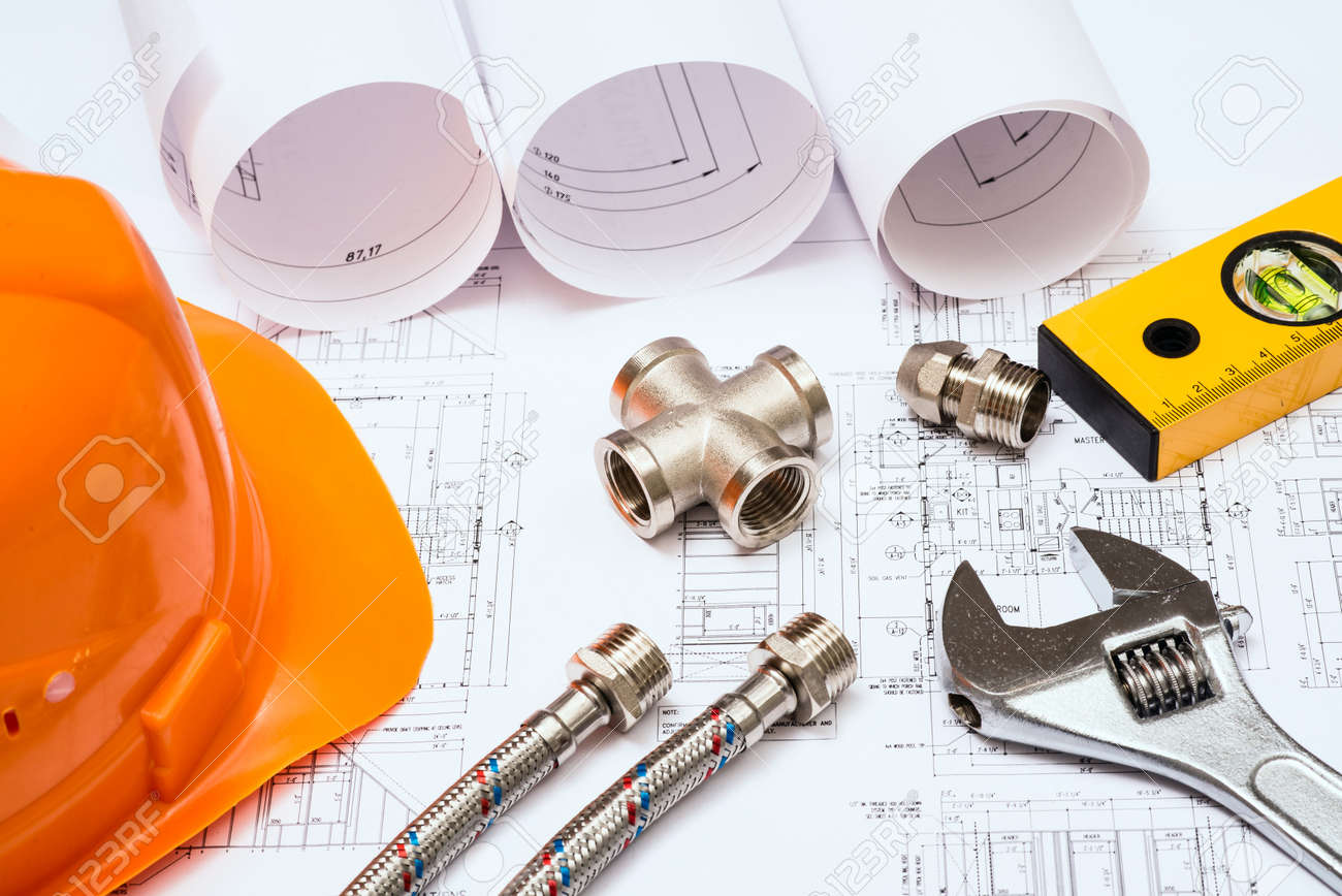 Plumbing And Drawings Are On The Desktop Workspace Engineer Stock Photo Plumbing And Drawings Are On The Desktop Workspace Engineer Stock Photo