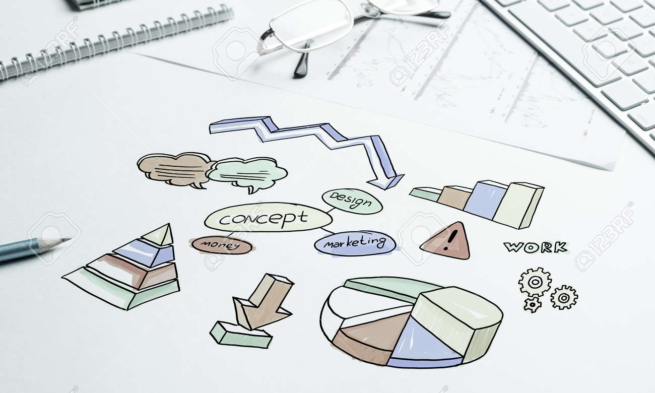 Business Workplace With Keyboard And Marketing Sketches