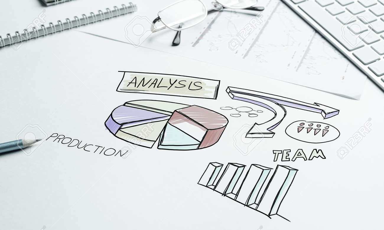 Business Workplace With Keyboard And Marketing Sketches