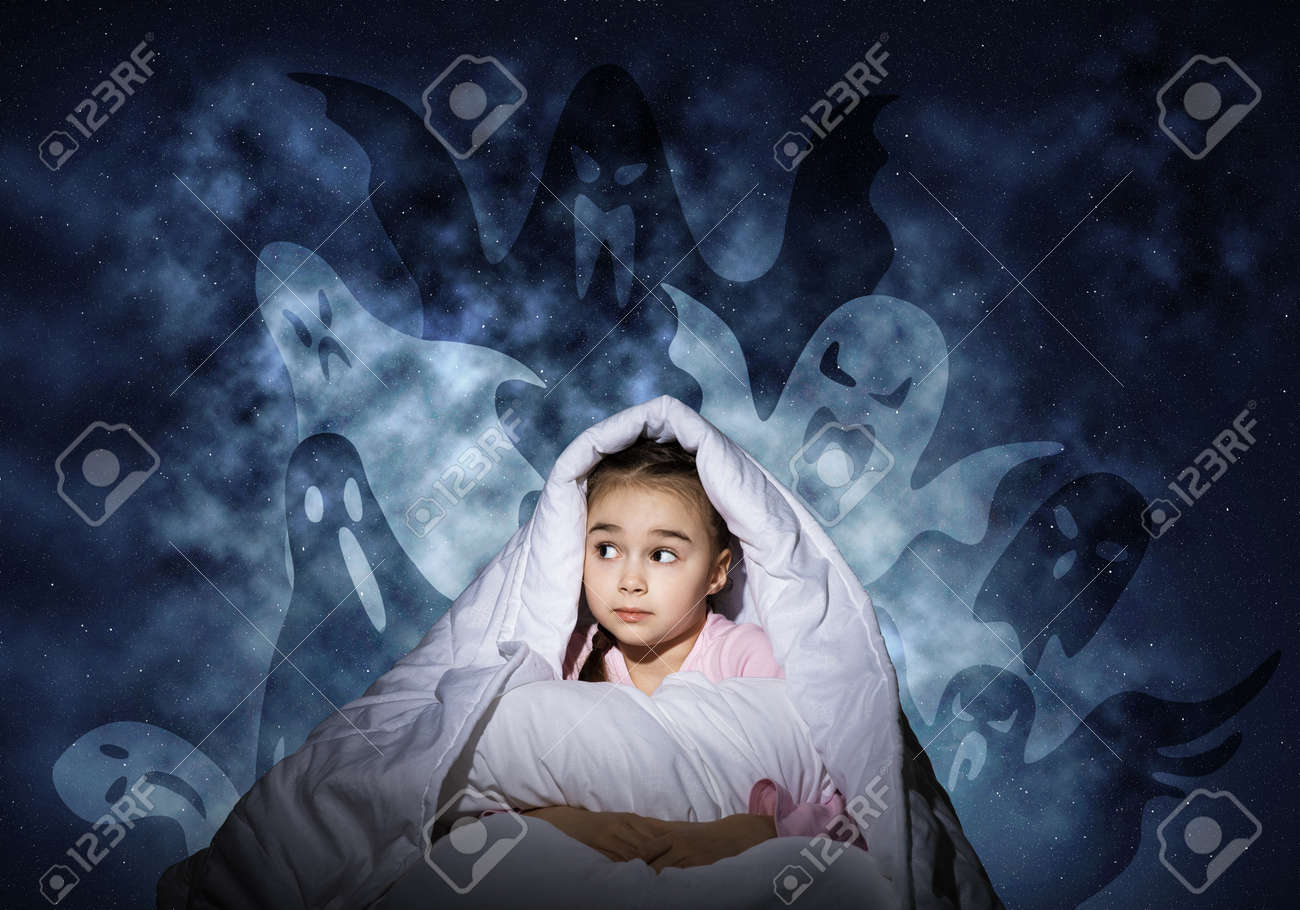Scared Girl Hiding Under Blanket Startled Kid Sitting In Bed On Night Sky Background Little Girl