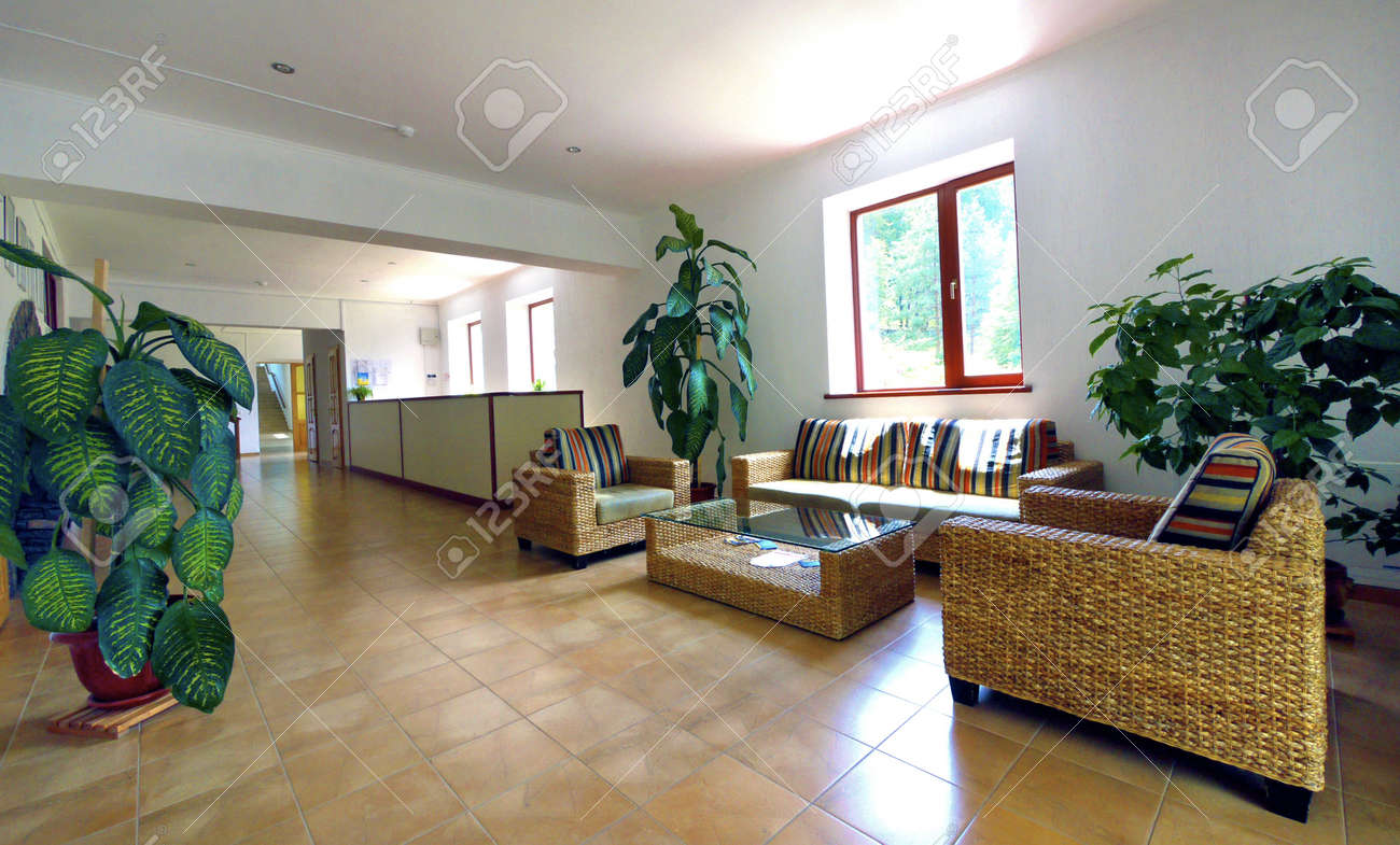 Beautiful Foyer With Green Plants And Soft Wicker Furniture Stock