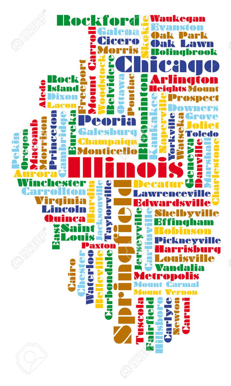 イリノイ州 アメリカ合衆国の単語雲マップのイラスト素材 ベクタ Image
