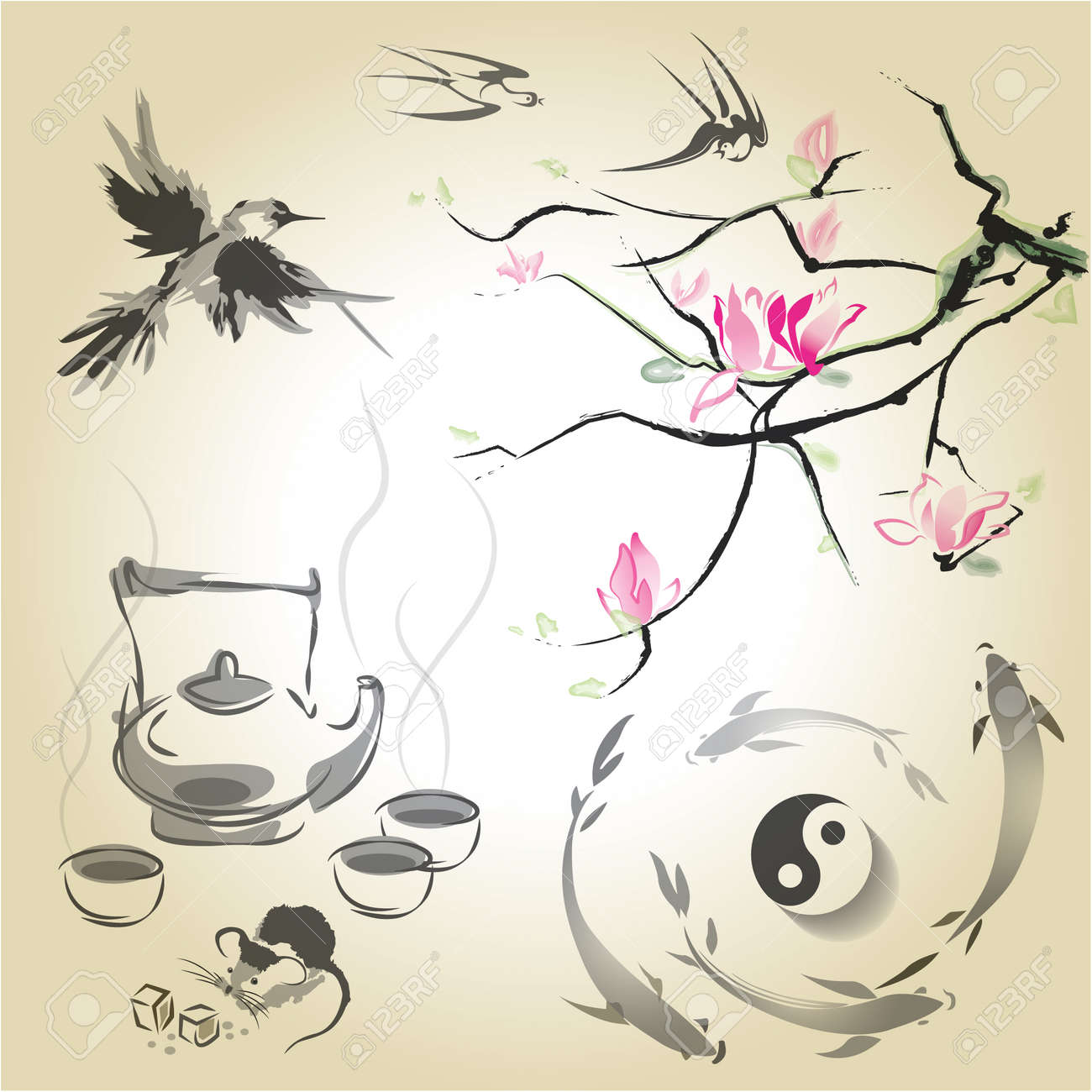 墨絵 茶道 ツバメ 日本の鯉と陰陽の伝統的な日本スタイルでマグノリアの支店 のイラスト素材 ベクタ Image