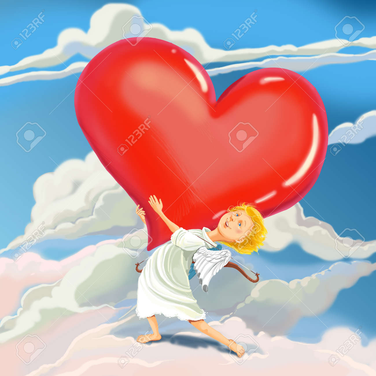 Angel Cupid Brings Heart Of Love And Congratulates With Valentine S Stock Photo Picture And Royalty Free Image Image
