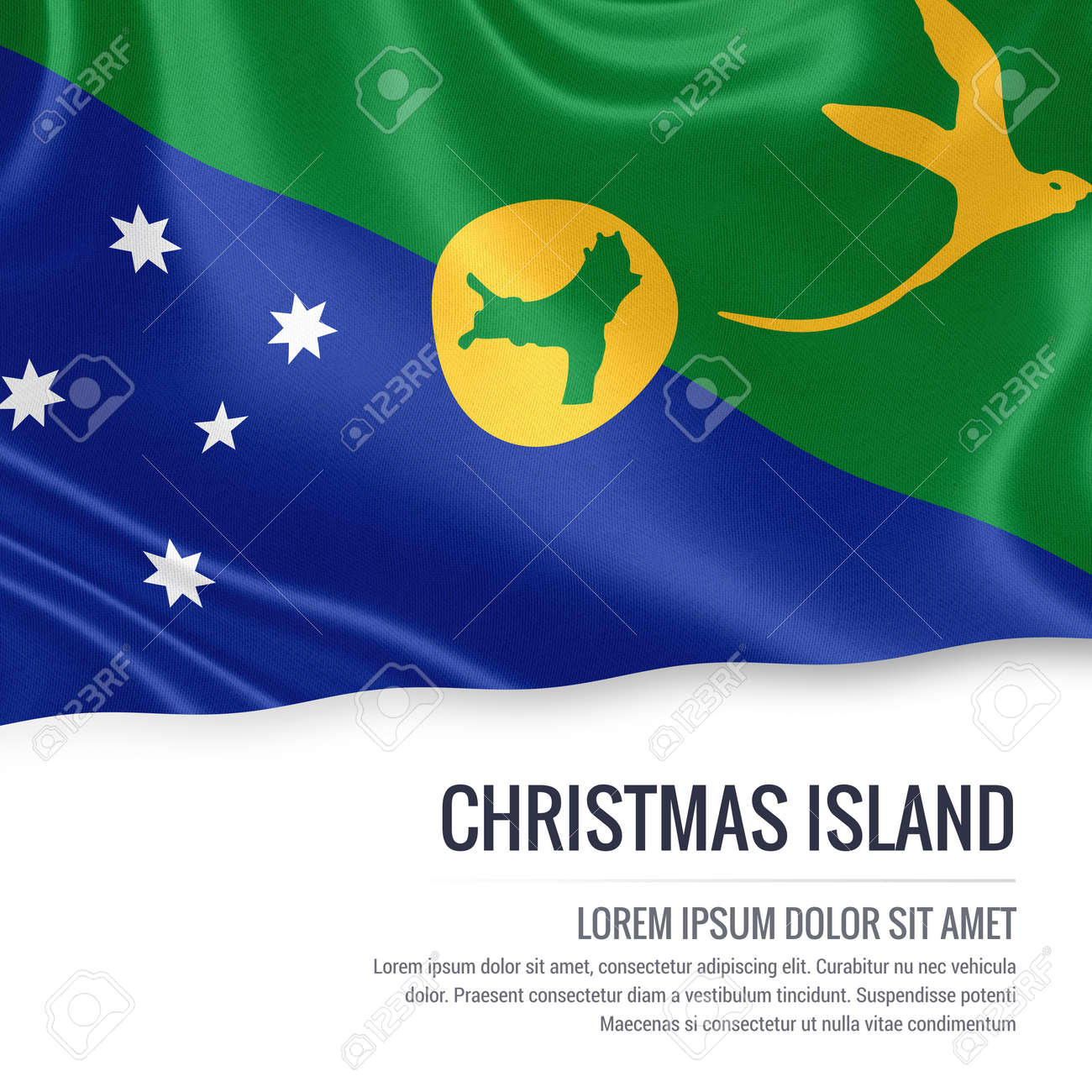 オーストラリアの国旗は クリスマス島は孤立した白い背景に手を振る状態します 状態の名前とメッセージのテキスト領域 の写真素材 画像素材 Image