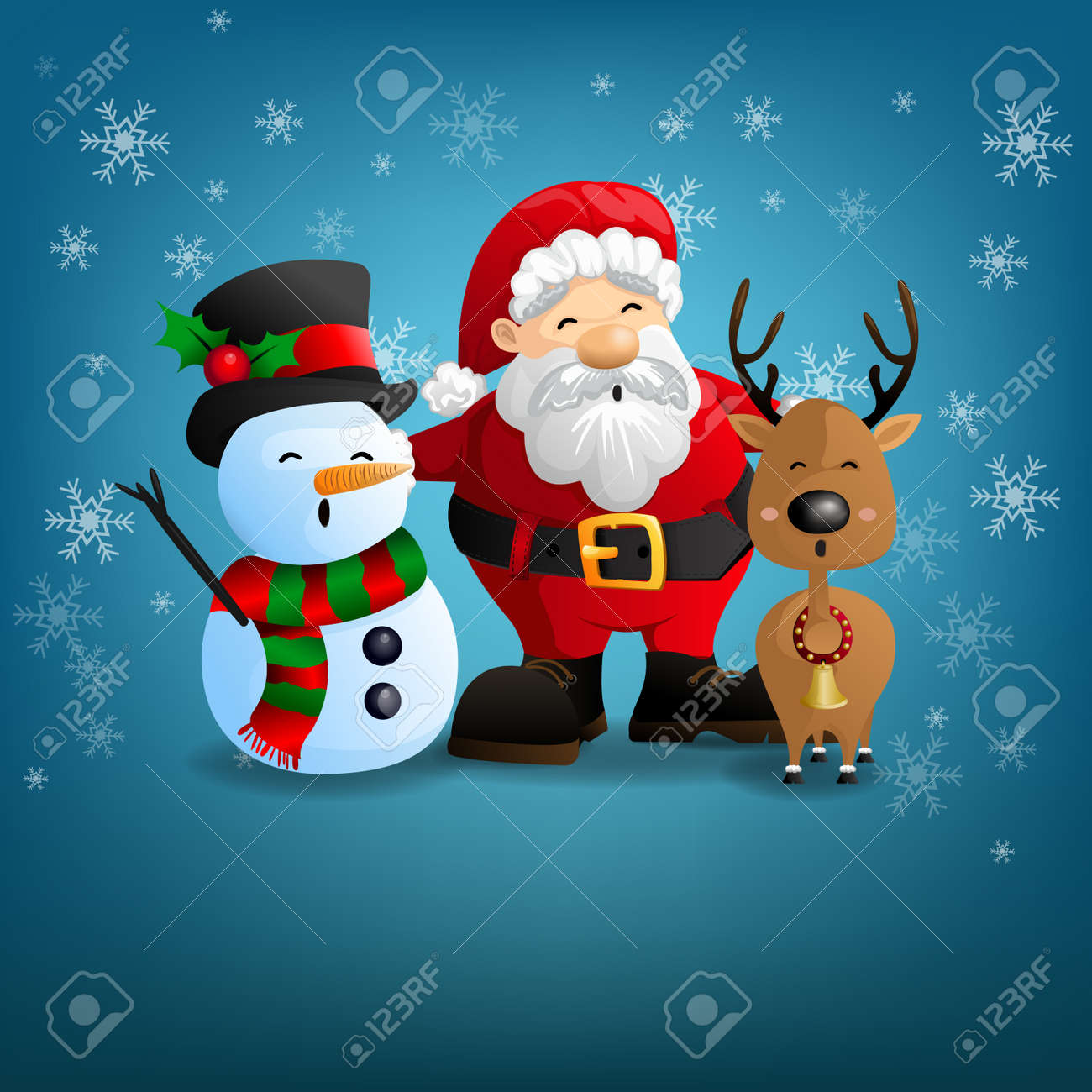 Santa Claus, Snowman And Reindeer On A Snow-covered Winter And Merry  Christmas Background For Greeting Card, Vector And Illustration. Royalty  Free SVG, Cliparts, Vectors, and Stock Illustration. Image 88987513., image size:1300x1300
