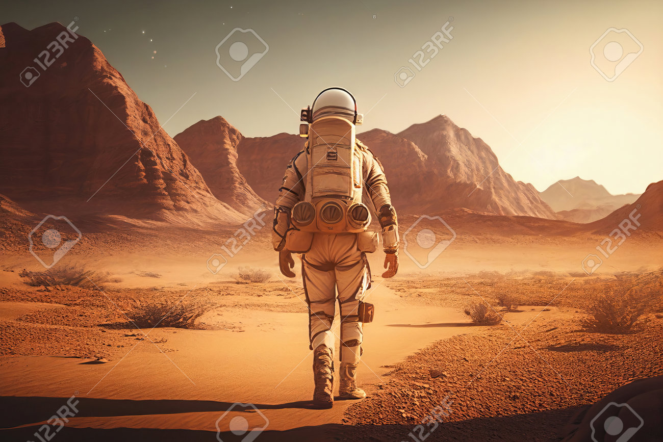 View From Behind An Astronaut Walking On The Planet Mars At Sunset.  Generative AI Stock Photo, Picture and Royalty Free Image. Image 205505419.