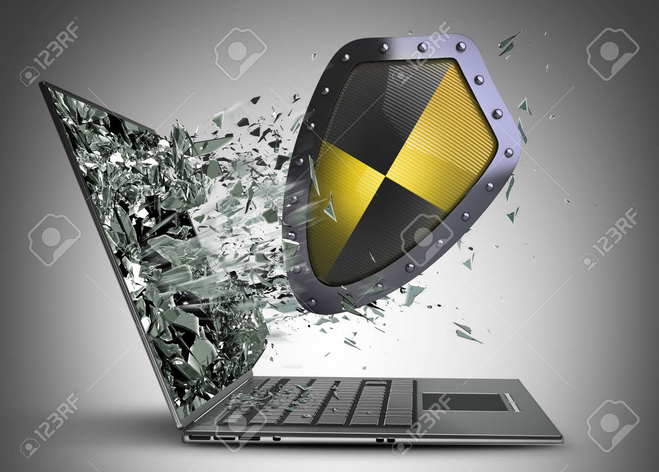 shield exit by a monitor of laptop screen high resolution 3d stock