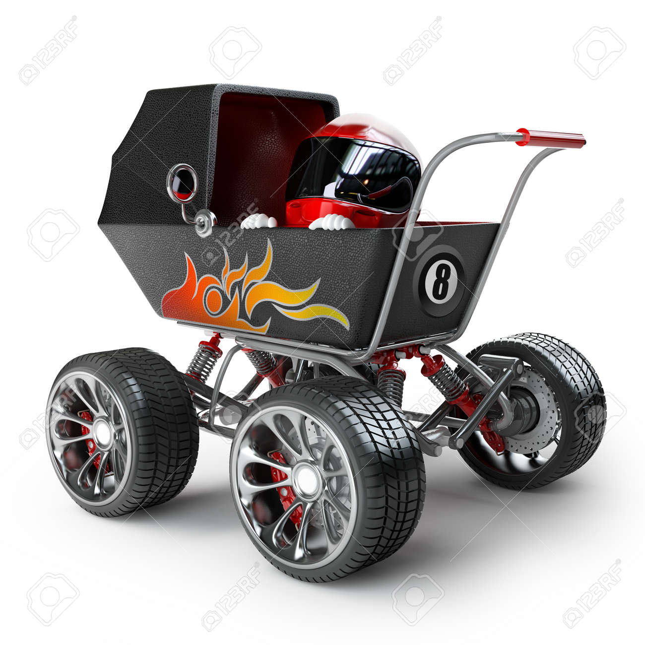 Bebe Ultra Chariot Avec Grande Roue De La Voiture Et Le Petit Coureur Dans Un Casque Isole Sur Fond Blanc Haute Resolution 3d Banque D Images Et Photos Libres De Droits Image