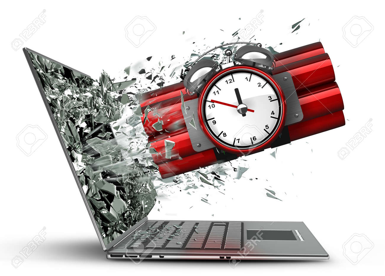 bomb with clock timer exit by a monitor of laptop screen isolated