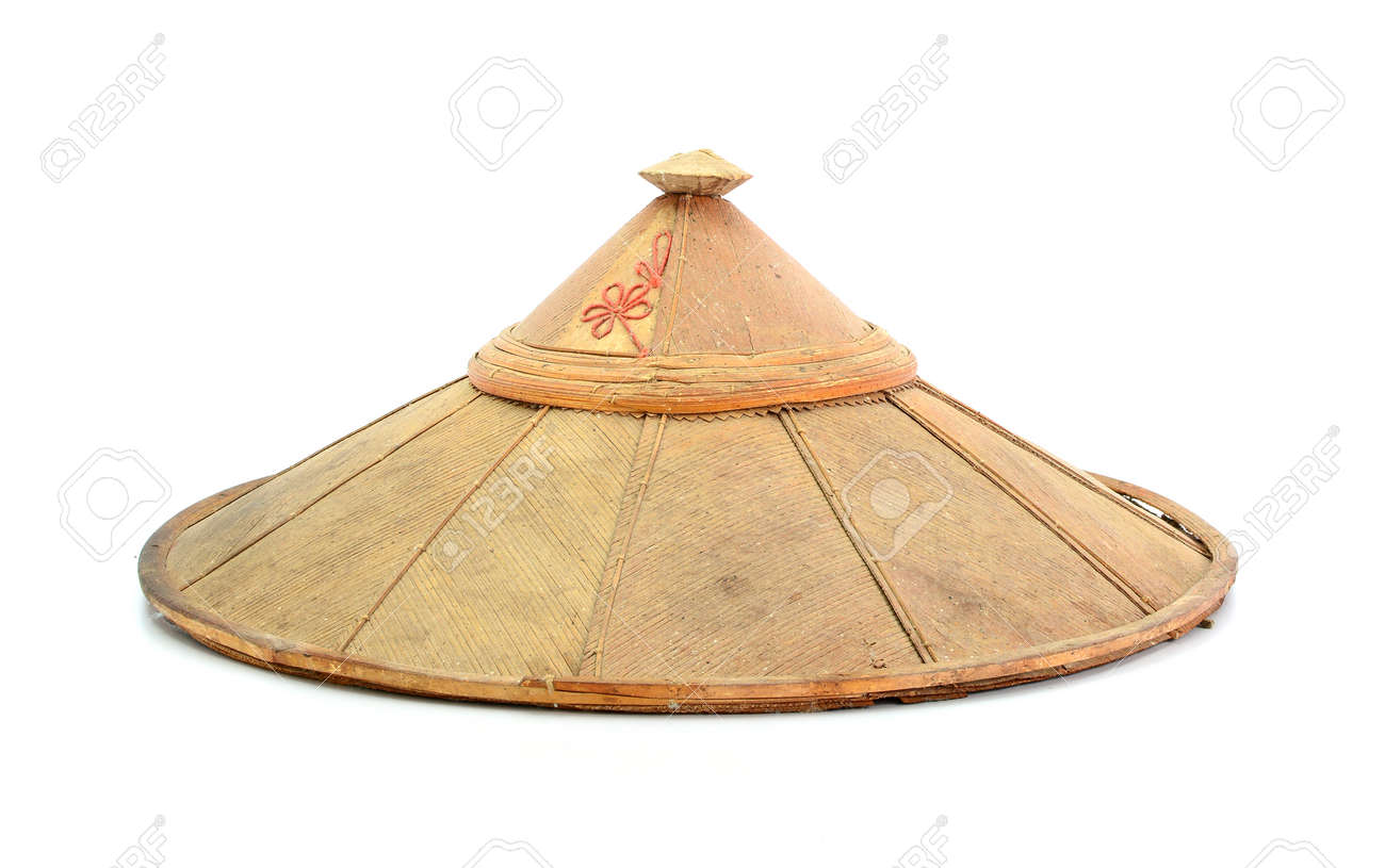 old chinese conical straw hat isolated on white stock photo picture