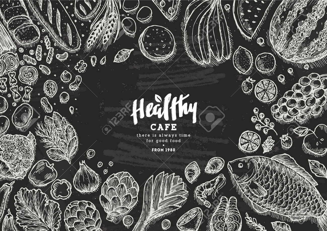 healthy food collection good nutrition chalkboard table background