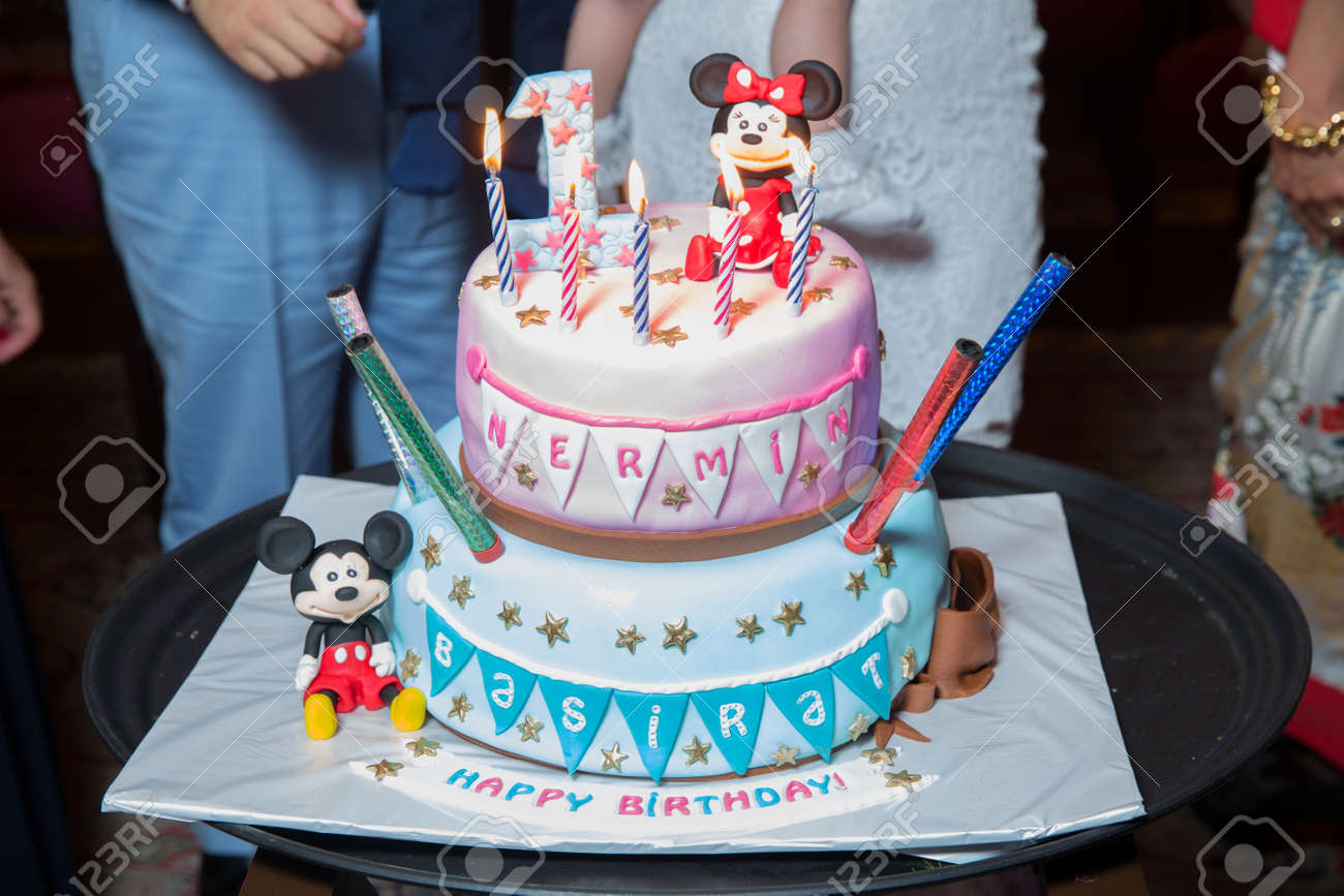 Azerbaijan Baku 06 10 18 Aque One Happy Birthday One Cake Mickey Mouse Pink And Blue Cake Stock Photo Picture And Royalty Free Image Image