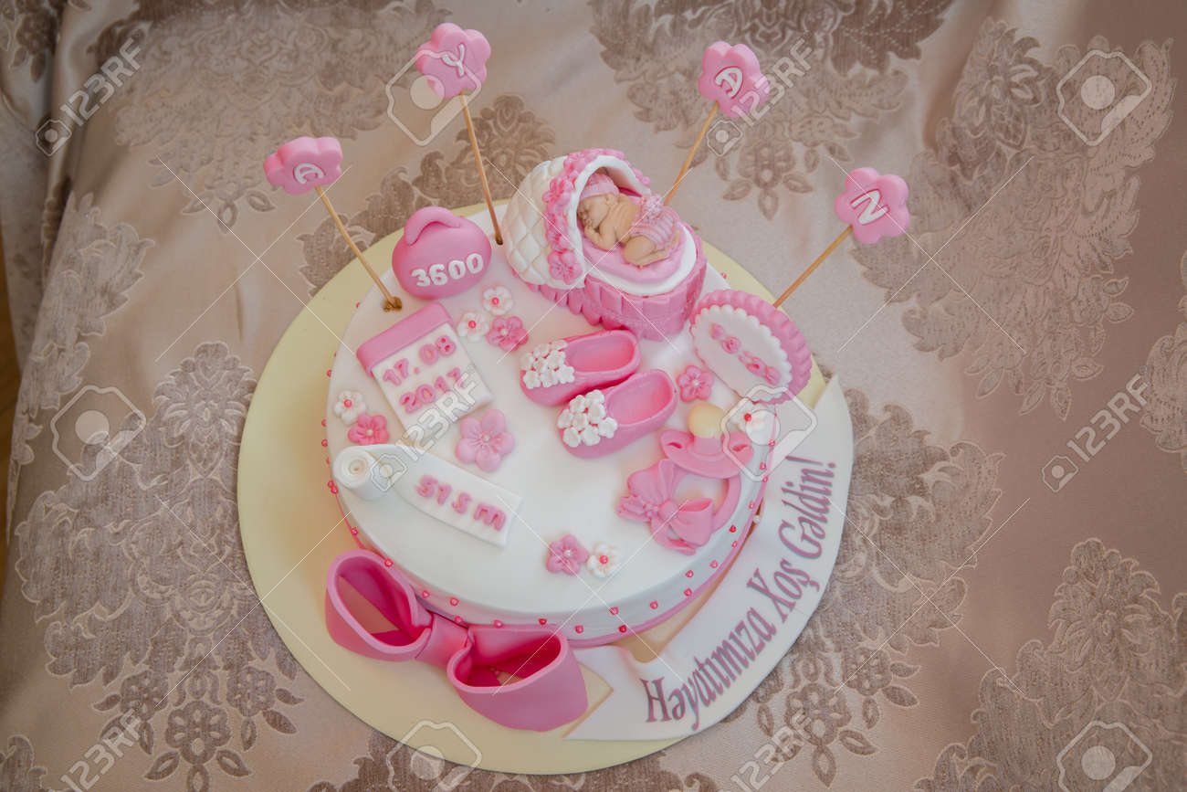 It's A Girl Baby Shower Cake . Pink And White Theme Cake For Baby ...