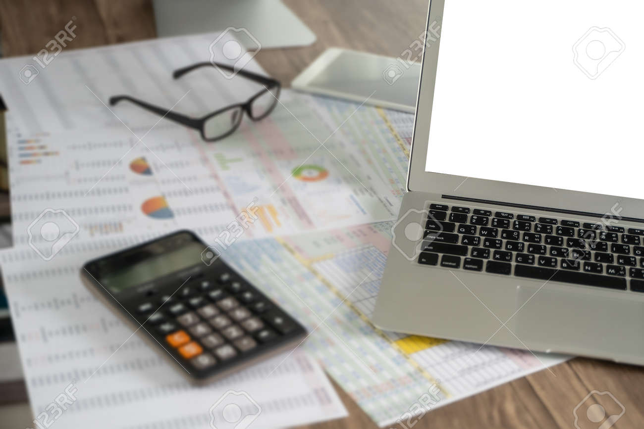 Laptop With Blank Screen On Table Workspace Background New Project Stock Photo Picture And Royalty Free Image Image 144132825