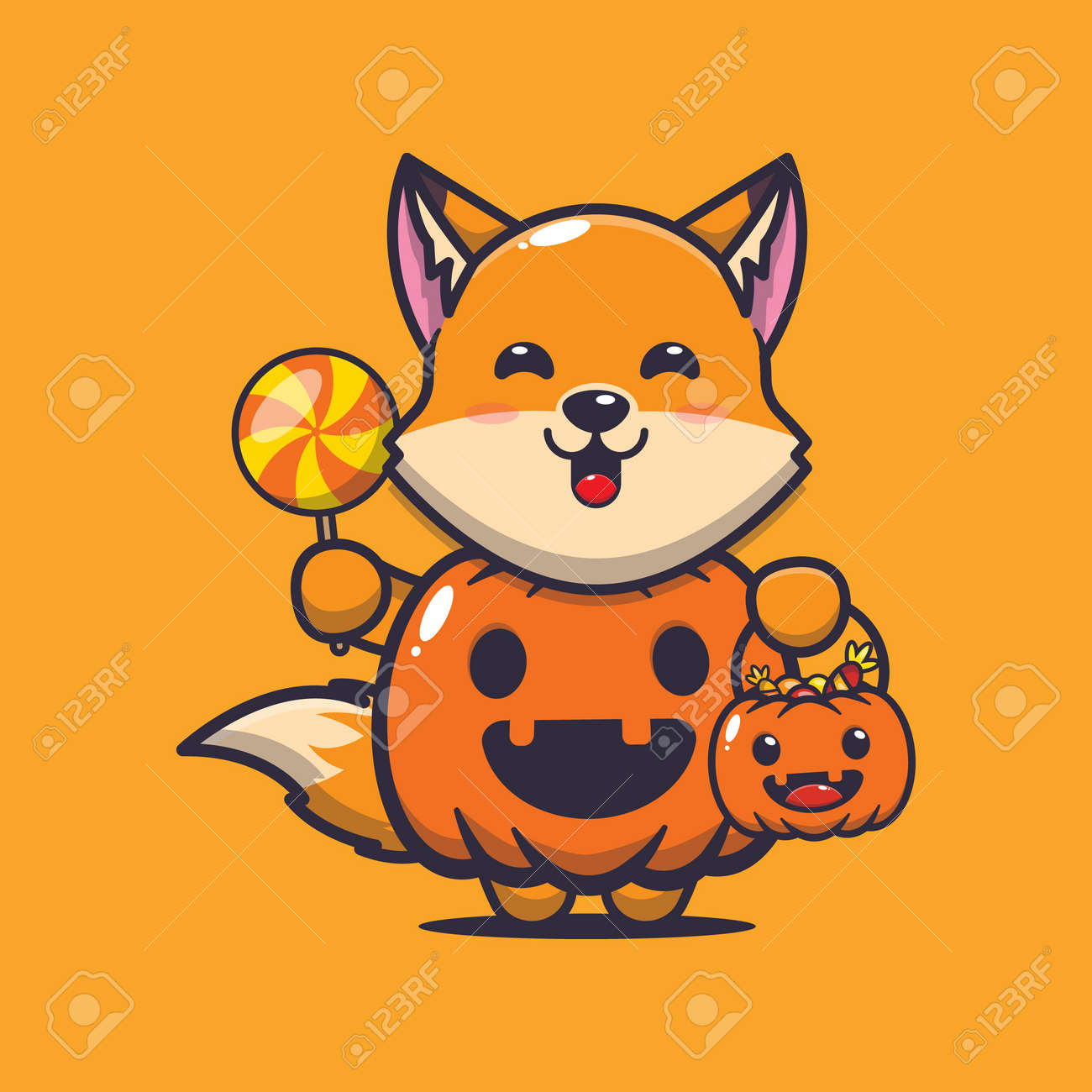 할로윈 호박 의상을 입은 귀여운 여우 귀여운 할로윈 만화 일러스트 로열티 무료 사진, 그림, 이미지 그리고 스톡포토그래피. Image  176570945