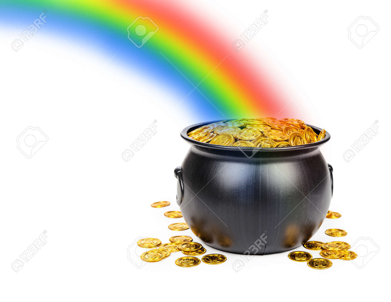 Large black pot filled with gold coins at the end of a colorful rainbow with room for text - 44381705 Large black pot filled with gold coins at the end of a colorful rainbow with room for text - 44381705