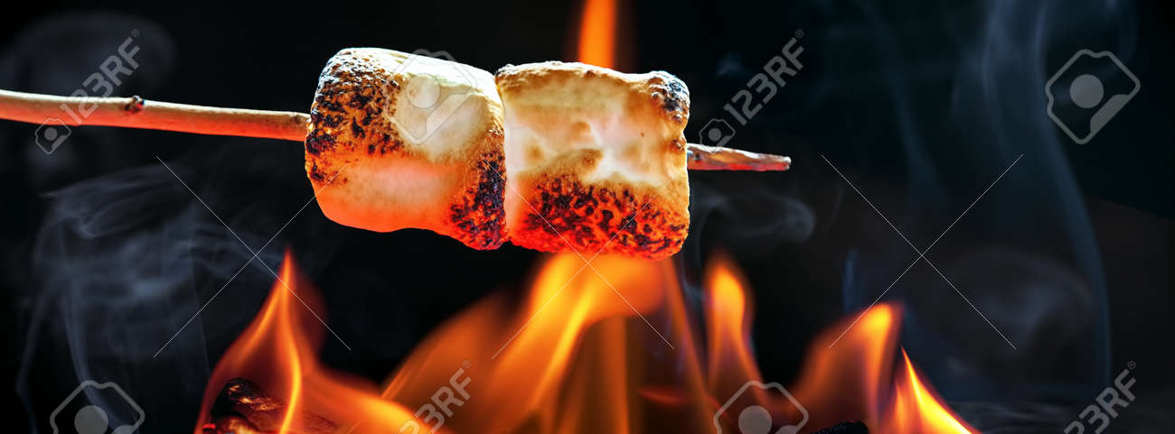 two marshmallows roasting over fire flames sized to fit popular