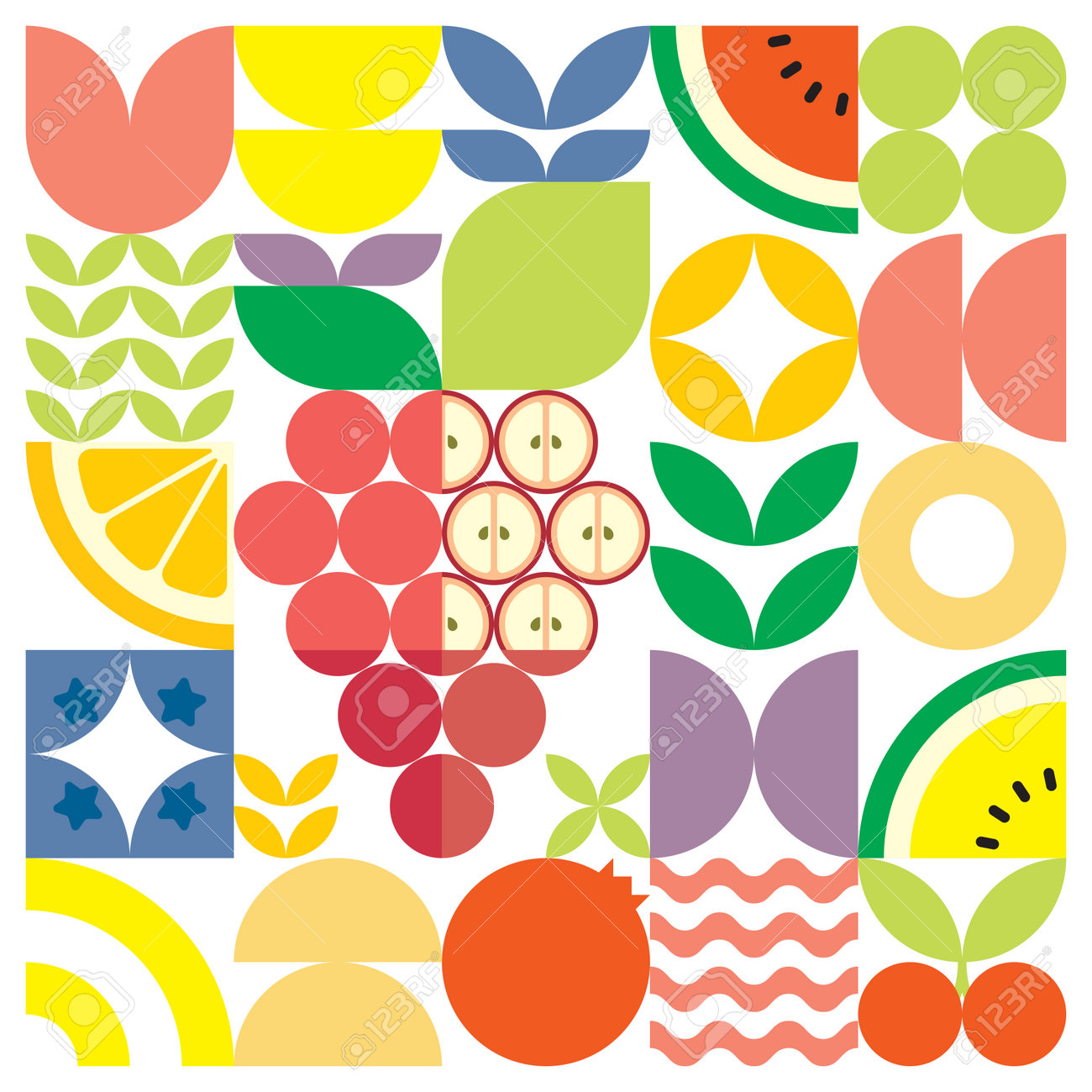 カラフルでシンプルな形の幾何学的な夏の新鮮なフルーツカットのアート