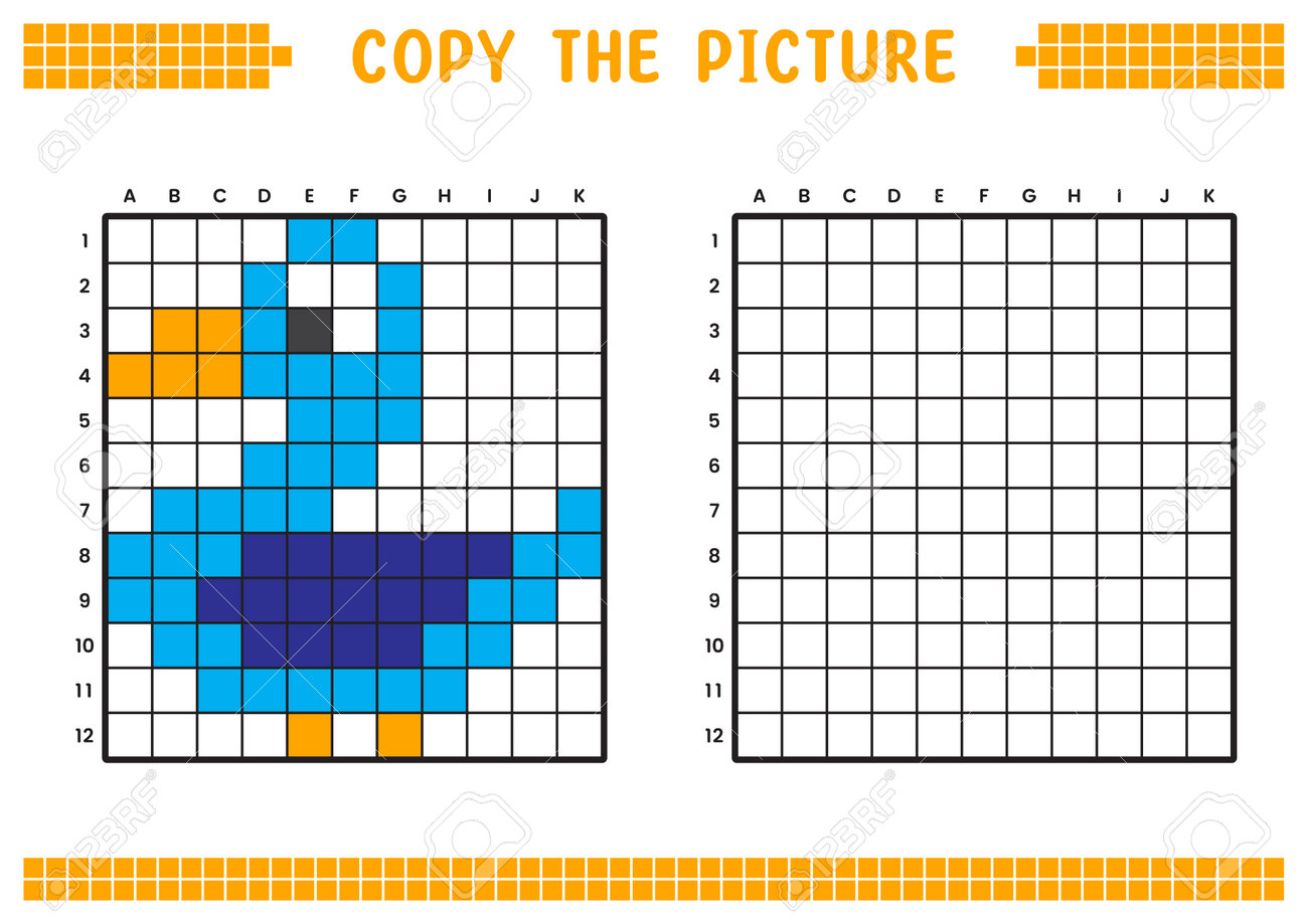 Copy The Picture, Complete The Grid Image. Educational Worksheets Drawing  With Squares, Coloring Cell Areas. Preschool Activities, Children's Games.  Cartoon Vector Illustration, Pixel Art. Blue Duck. Royalty Free SVG,  Cliparts, Vectors, and, image size:1300x919