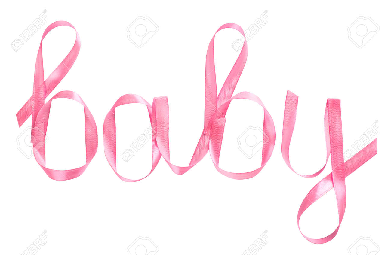 the word baby written in pink ribbon for gifts the white background