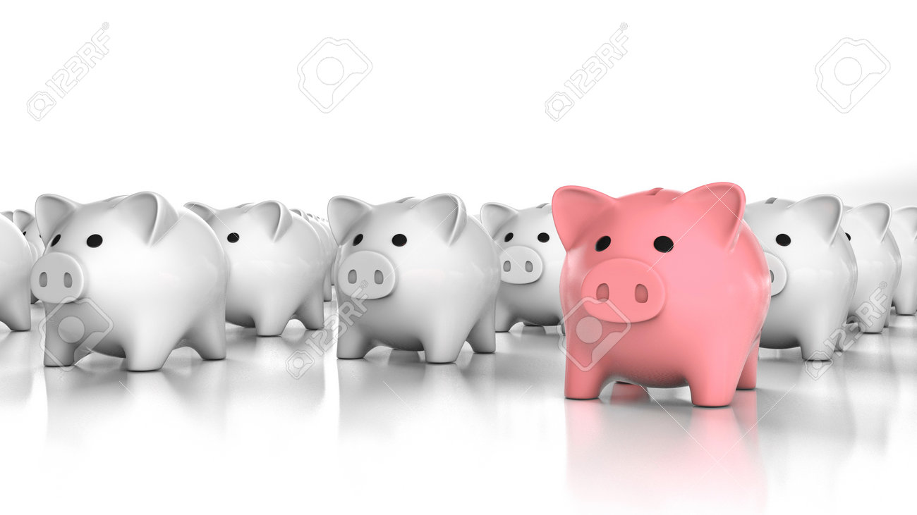 Pink piggy bank leader and many white piggy banks. Special piggy bank. 3d render - 170983116 Pink piggy bank leader and many white piggy banks. Special piggy bank. 3d render - 170983116