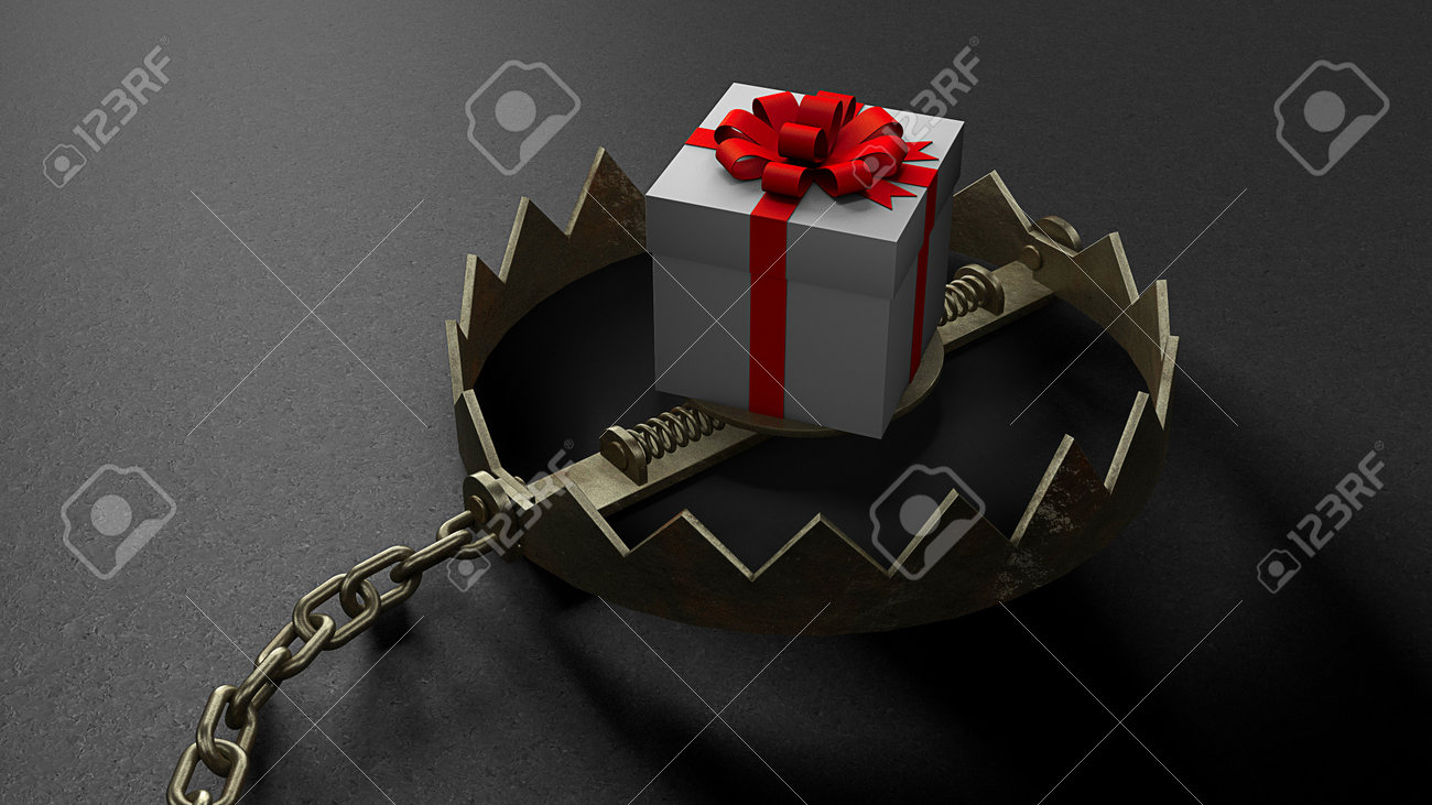 Trap with a bait in the form of gift box. 3d render - 170983191 Trap with a bait in the form of gift box. 3d render - 170983191