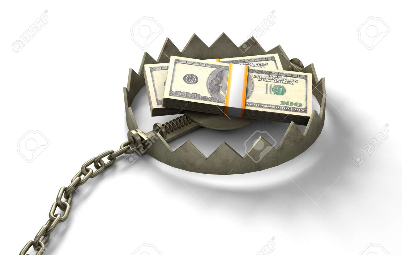 Trap with money. Pile of money as bait. isolated on white background. 3d render - 171036805 Trap with money. Pile of money as bait. isolated on white background. 3d render - 171036805