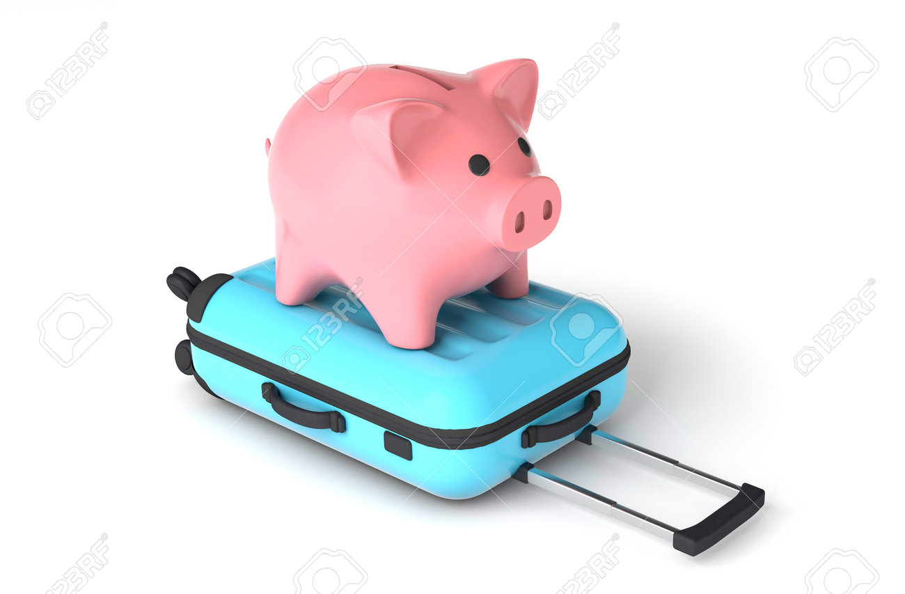 Pink piggy bank on a blue suitcase. Budget tourism. isolated on white background. 3d render - 171037031 Pink piggy bank on a blue suitcase. Budget tourism. isolated on white background. 3d render - 171037031