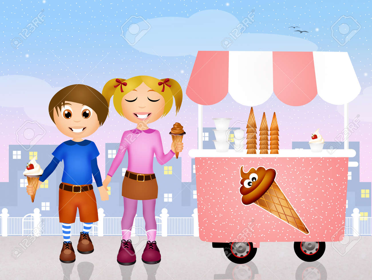 男の子と女の子 アイスクリームを入れると の写真素材 画像素材 Image