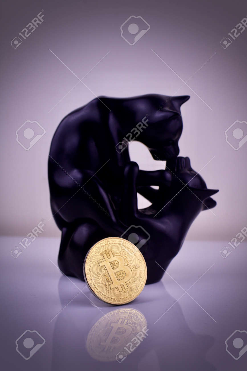 골드 Bitcoin Cryptocurrency 동전과 검은 고양이 기념물. 로열티 무료 사진, 그림, 이미지 그리고 스톡포토그래피.  Image 75921681