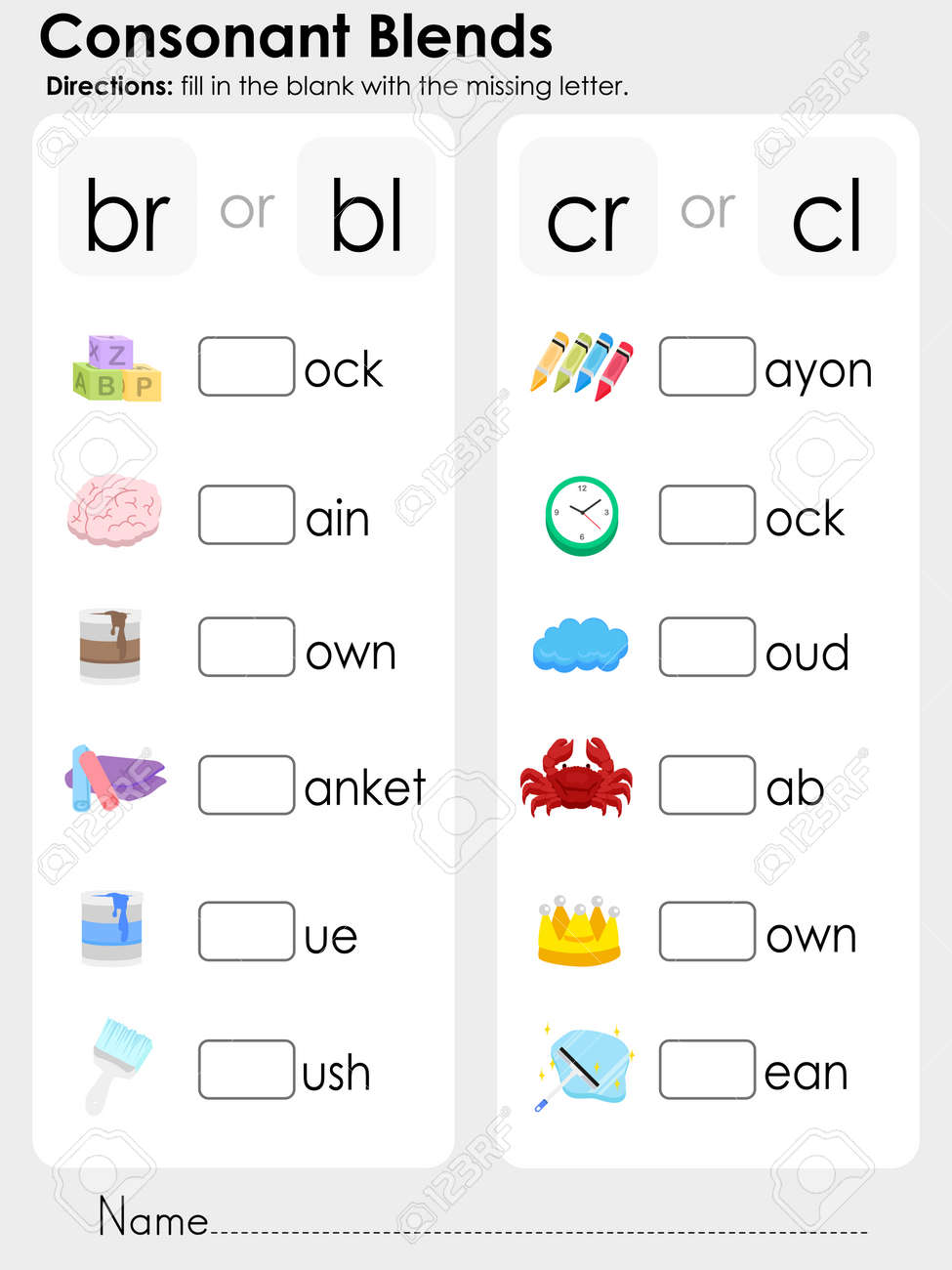 Worksheet Consonant Cluster Worksheet consonant blends fill in the blank with missing letter worksheet for education stock