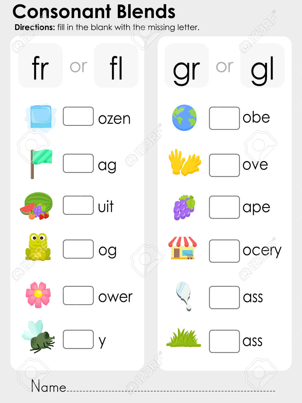 worksheet Vectors Worksheet consonant blends fill in the blank with missing letter worksheet for education stock