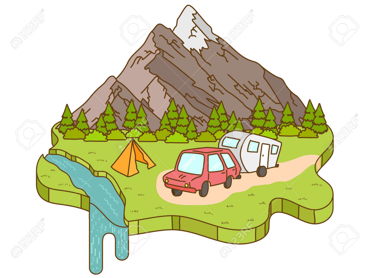 背景の山の近くのキャンプ テント 山への道を走るキャンピングカー車のイラスト素材 ベクタ Image 背景の山の近くのキャンプ テント 山への道を走るキャンピングカー車のイラスト素材 ベクタ Image