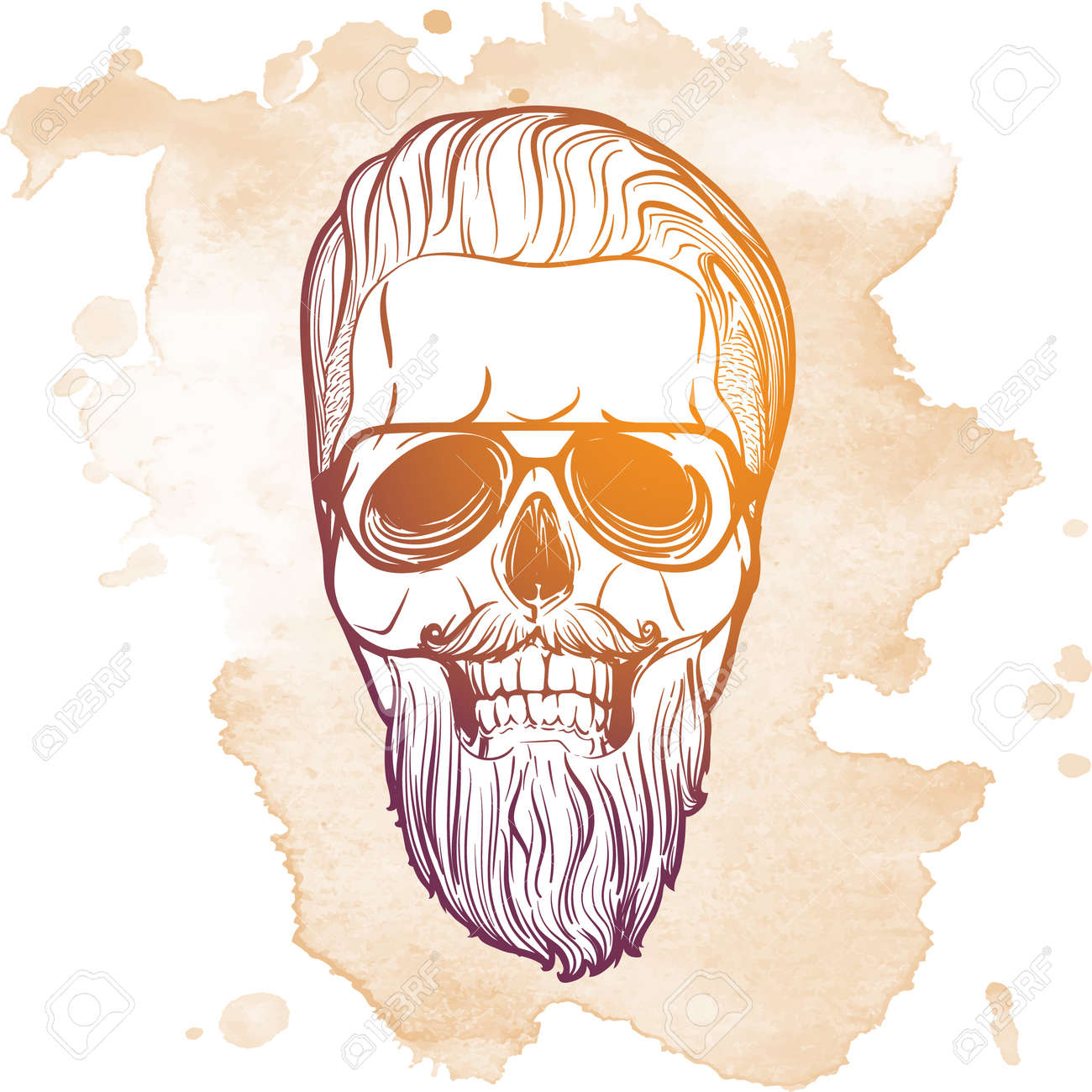 Hipster style human skull with a trendy undercut haircut wearing glasses mustache and beard. Hand