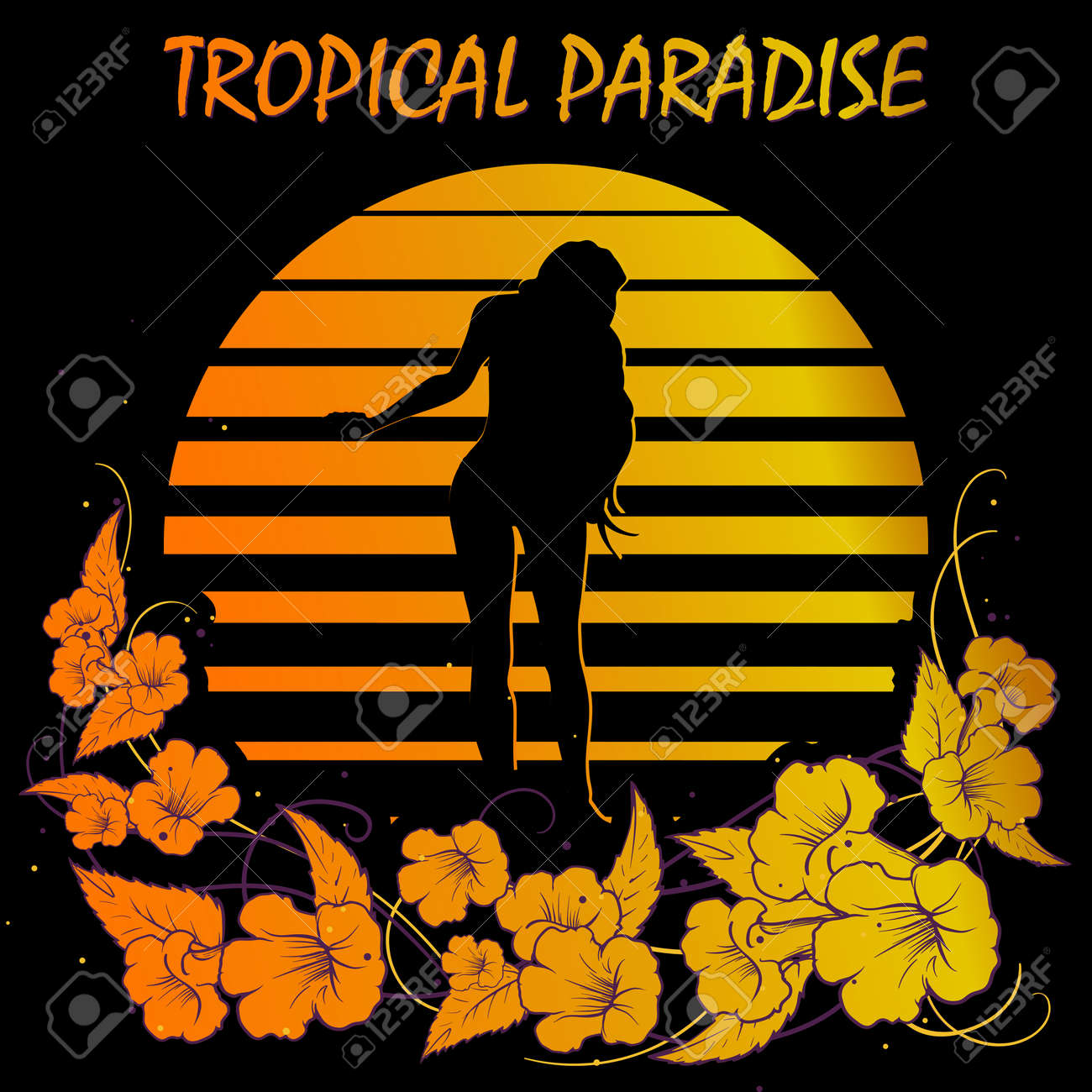 夏の休日のデザイン 熱帯の夕日 黒と金色のストライプに女の子のシルエット 花のガーランドのフレーム Eps10 のベクター イラストです のイラスト素材 ベクタ Image