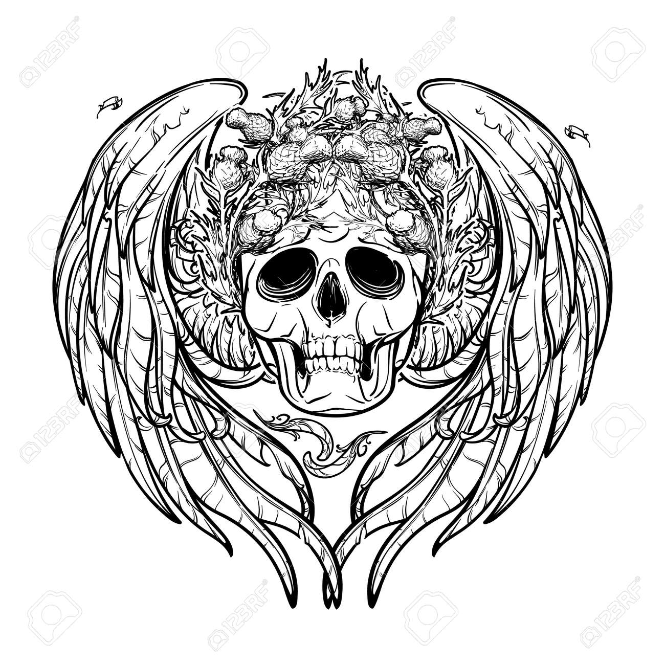 Crâne Humain Dans Une Couronne De Chardon Avec Des Ailes Emplumées Derrière Isolé Sur Fond Blanc Signification Symbolique Le Concept Halloween Art