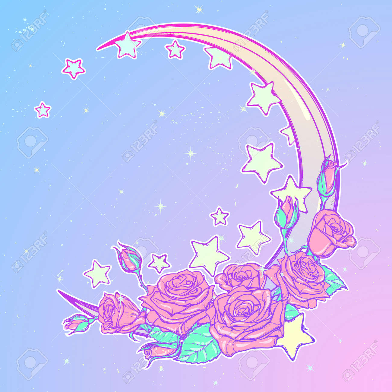 kawaii night sky composition with roses bouquet stars and moon
