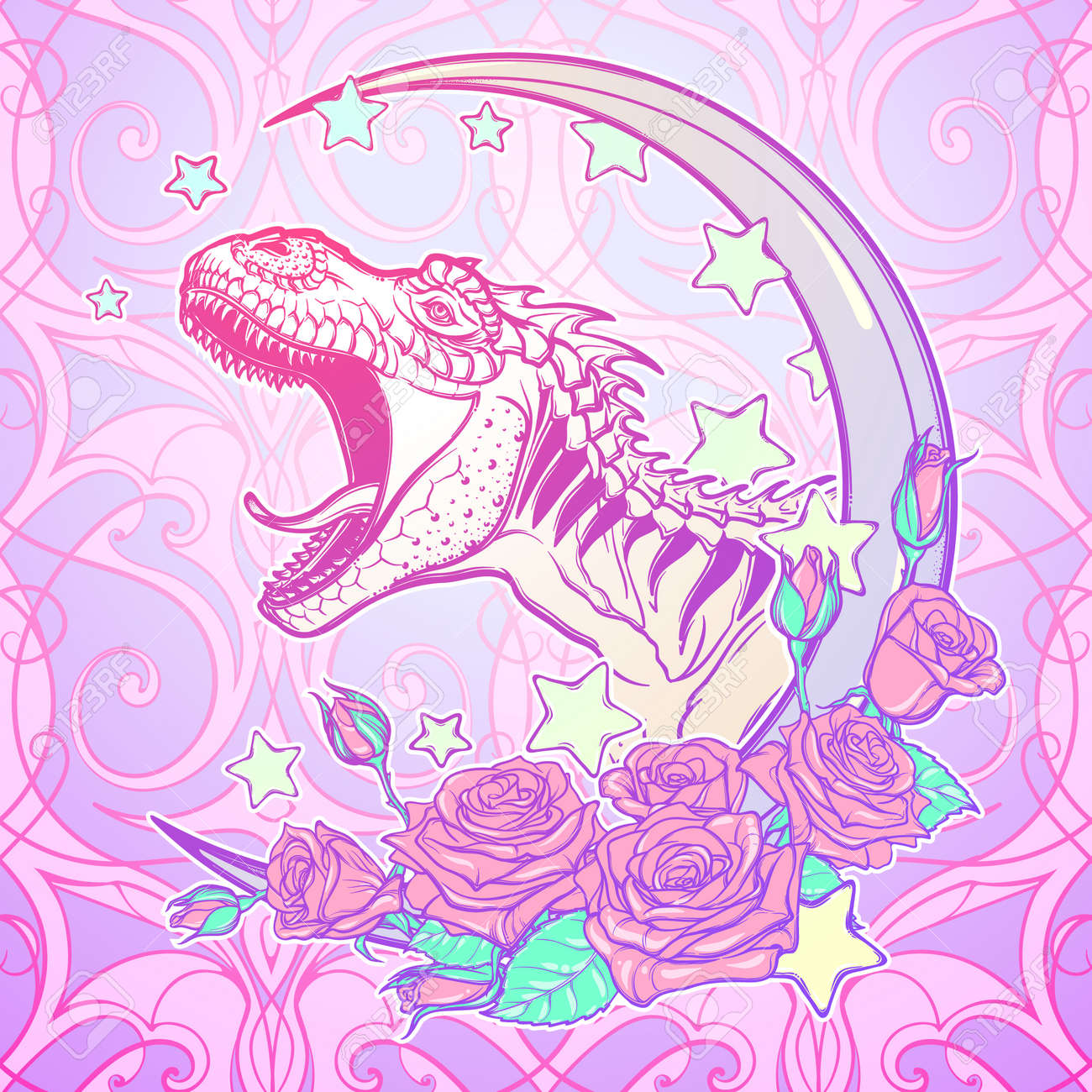 かわいい月とバラ フレームに轟音のティラノサウルス レックスの図面の詳細なスケッチ スタイル タトゥーのデザイン コンセプト アート パステルのゴス パレット Eps10 のベクター イラストです のイラスト素材 ベクタ Image かわいい月とバラ フレームに轟音のティラノサウルス レックスの図面の詳細なスケッチ スタイル タトゥーのデザイン コンセプト アート パステルのゴス パレット Eps10 のベクター イラストです のイラスト素材 ベクタ Image